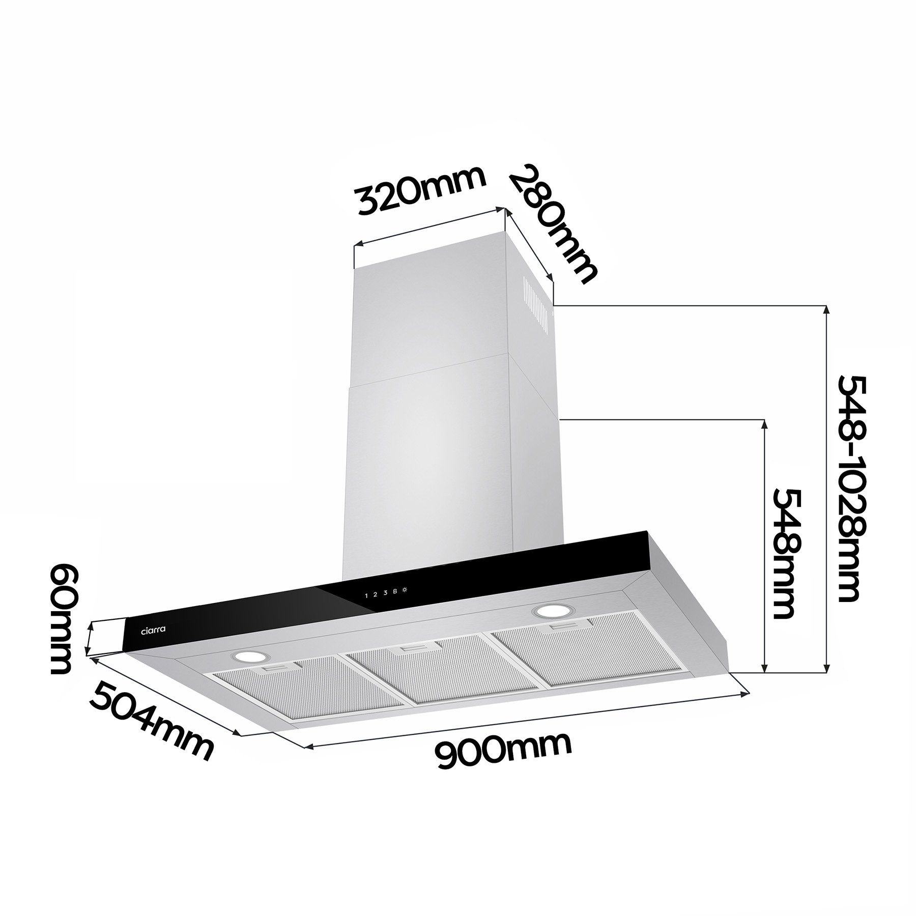 CIARRA Wandhaube CBCS9102, A+++ Dunstabzugshaube 90cm 650m³/h WIFI +APP & Touch Control Boost