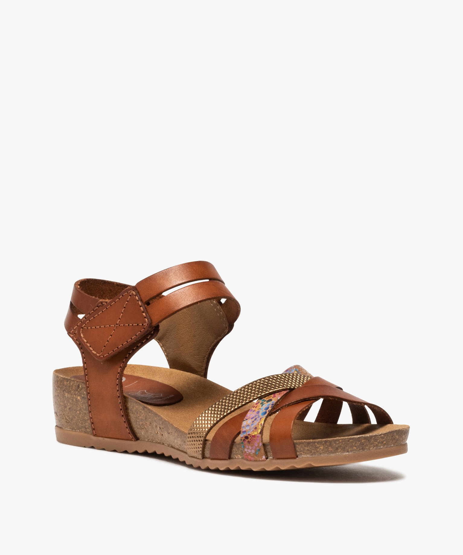 Sandales femme confort dessus cuir avec brides scratch camel | GEMO
