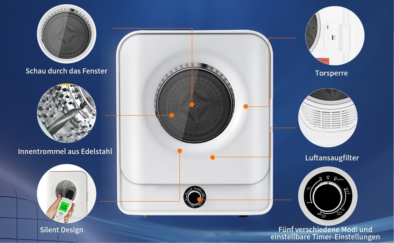 GLIESE Ablufttrockner 830W Edelstahl Trockner, 3 kg