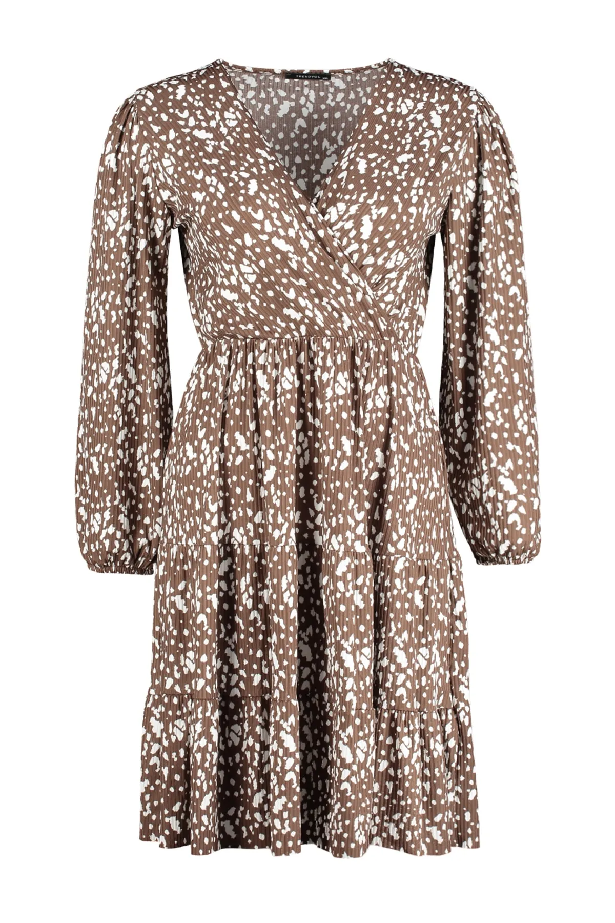 Trendyol Curve  Braunes A-Linien-Strickkleid mit zweireihigem Kragen und Tupfenmuster TBBAW23AH00003