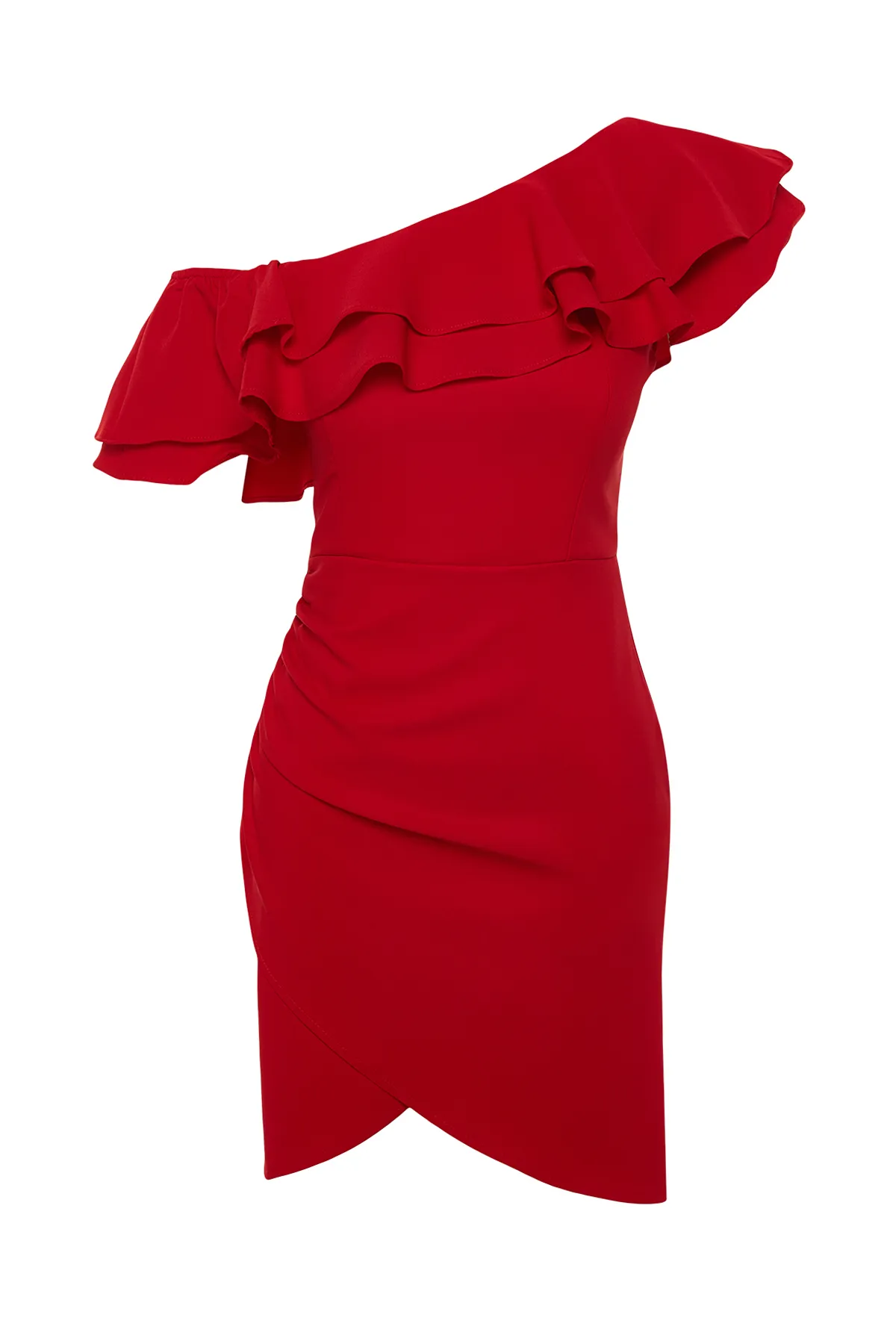Trendyol Collection  Rotes, einärmliges, gerüschtes, elegantes Abendkleid TPRSS24EL00013