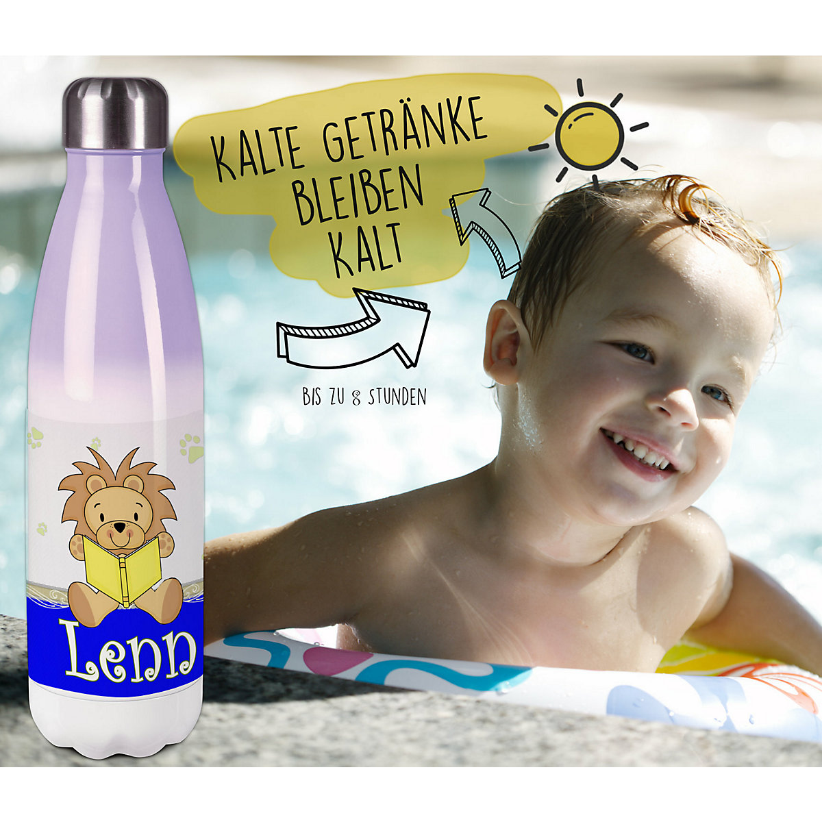Edelstahl Kinder Thermoflasche / Trinkflasche bunt Leselöwe Farbe blau Spülmaschinenfest, Auslaufsicher, Bruchfest, Doppelwandig, Für Heißgetränke geeignet, Mit Deckel, Isoliert
