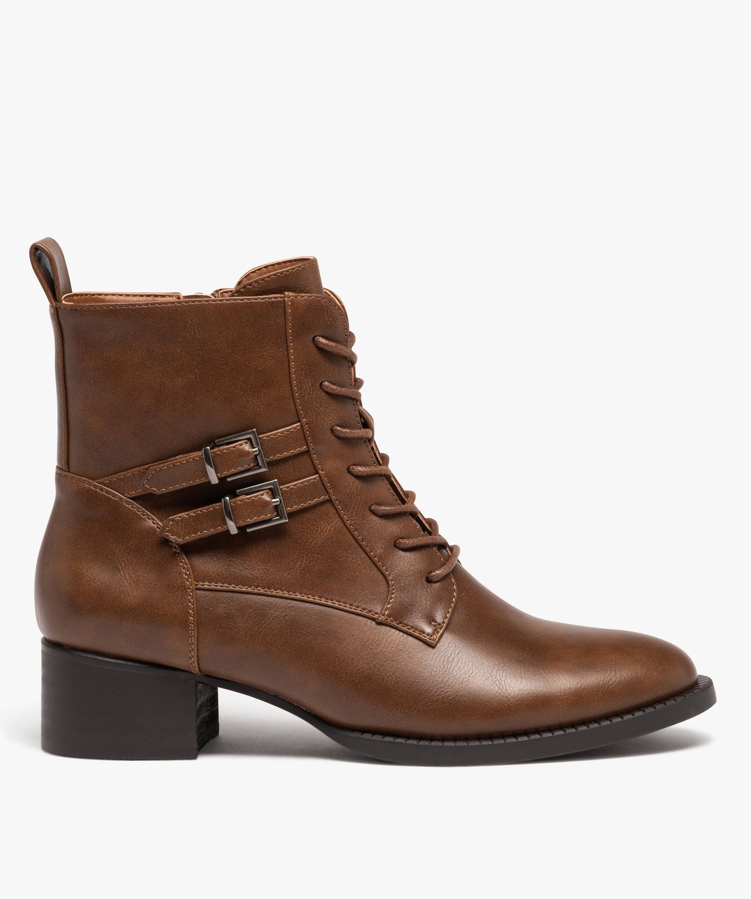 Boots lacées à bout amande et brides décoratives camel | GEMO