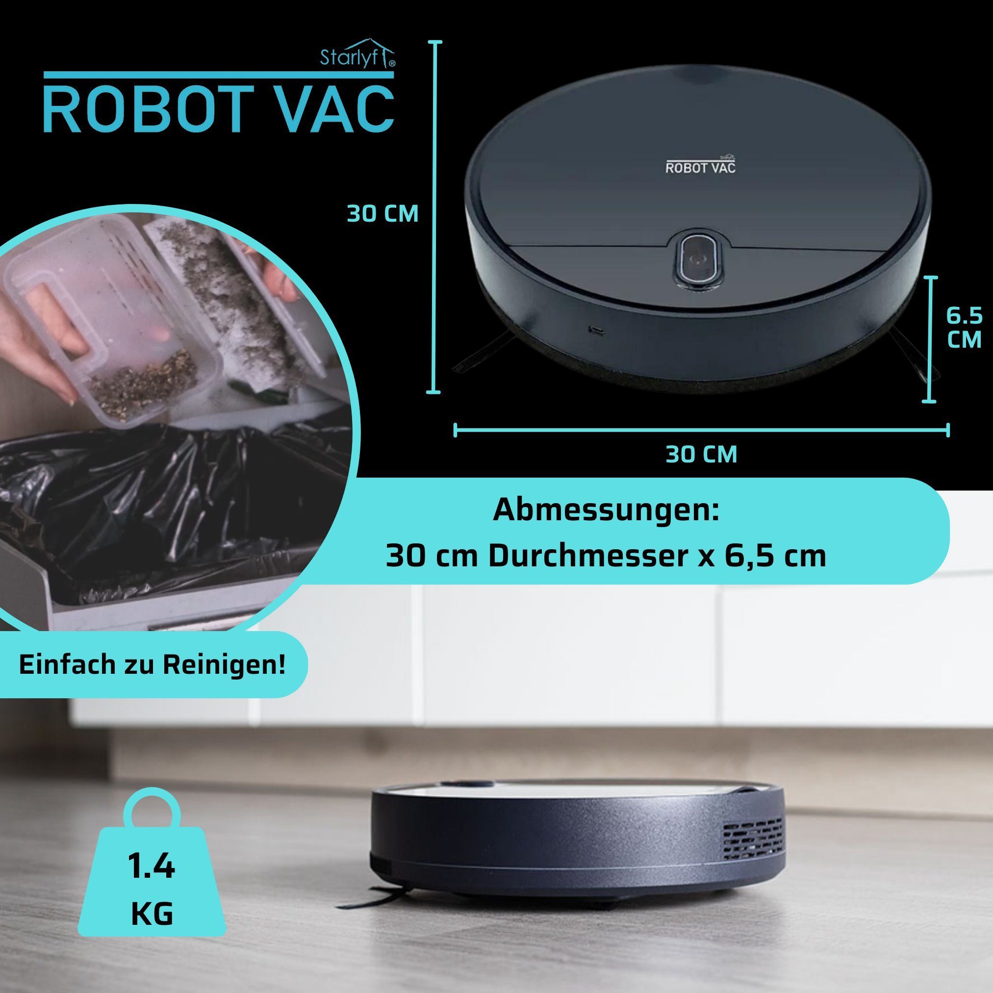 Starlyf Saugroboter Robot Vac, 10,00 W, beutellos, Staubsaugerroboter mit Wischfunktion, Teppich, Hartböden, 7,4V, leise