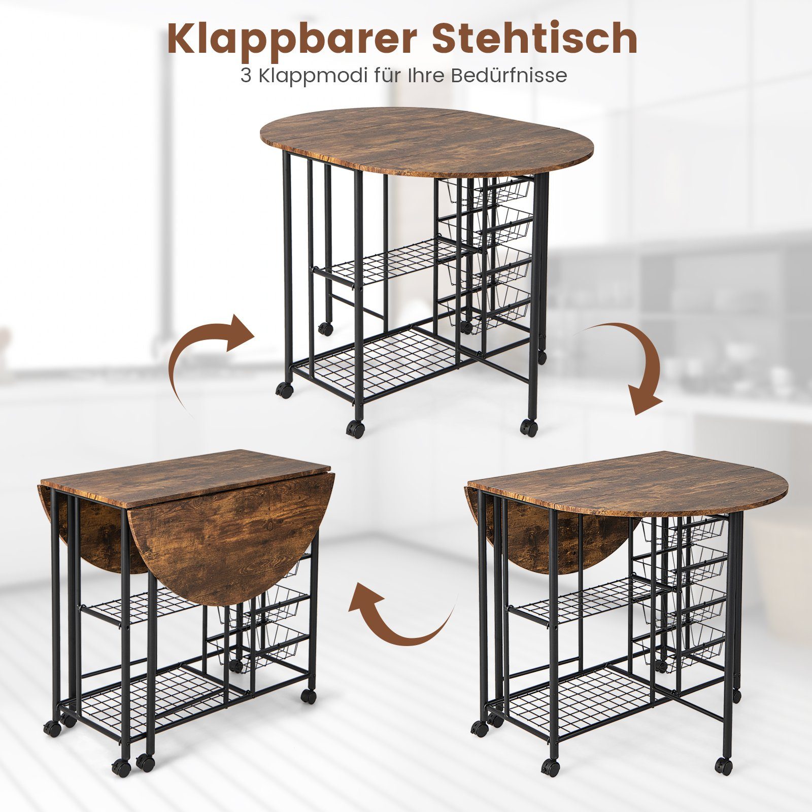 COSTWAY Bartisch (3-St), mit 2 Regalen & 4 herausziehbaren Körben, klappbar
