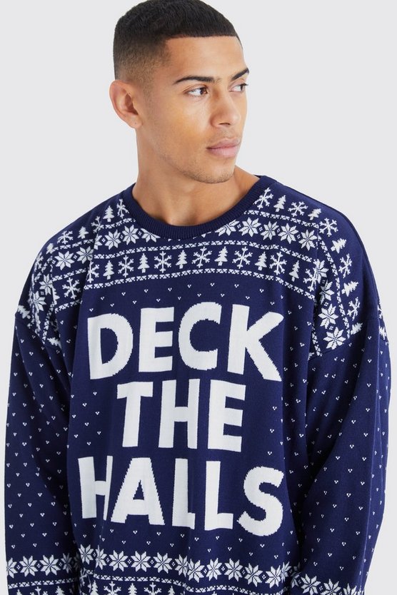 Oversize Weihnachtspullover mit Deck The Halls Print