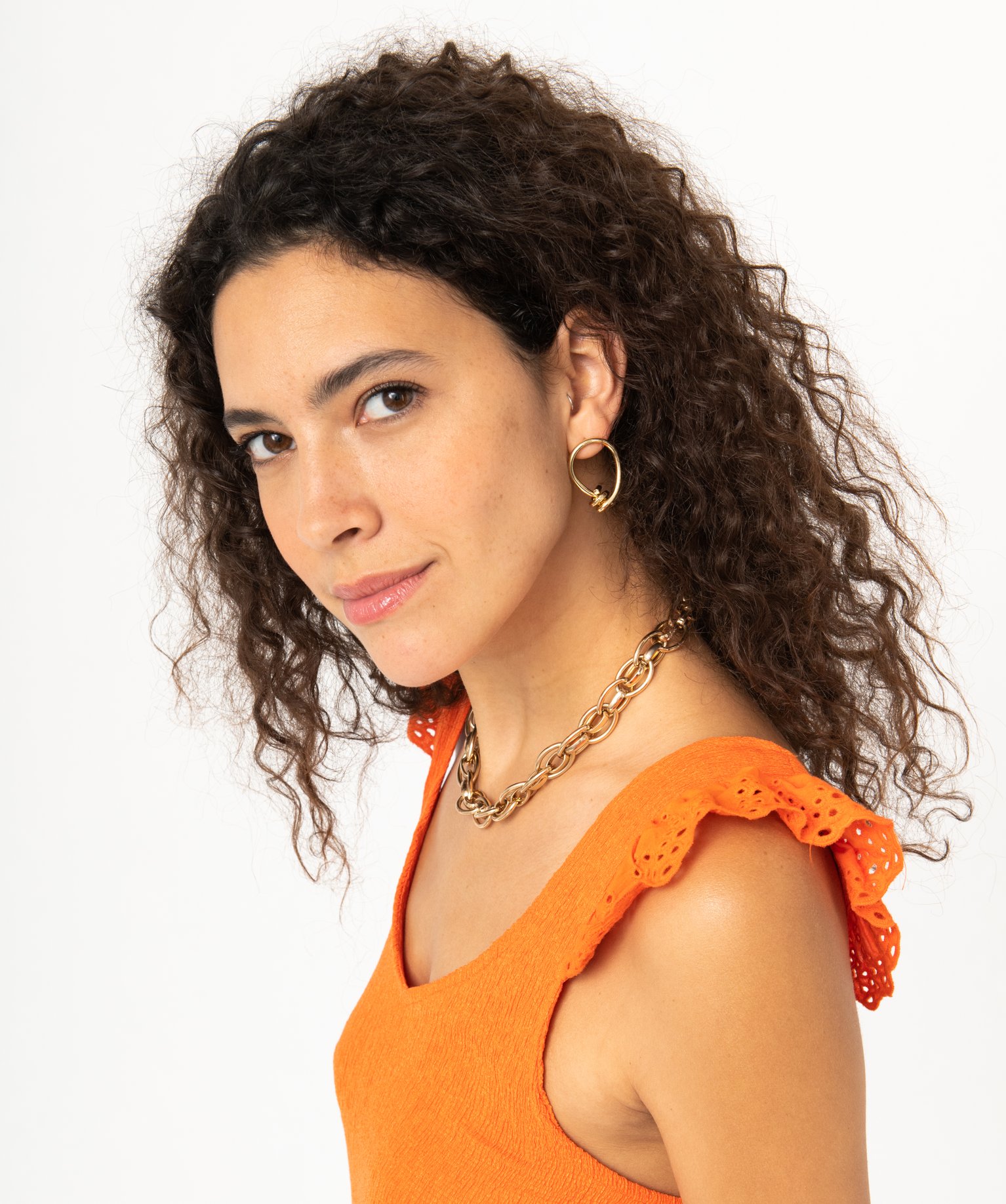 Débardeur à col V et volants en broderie anglaise femme orange | GEMO