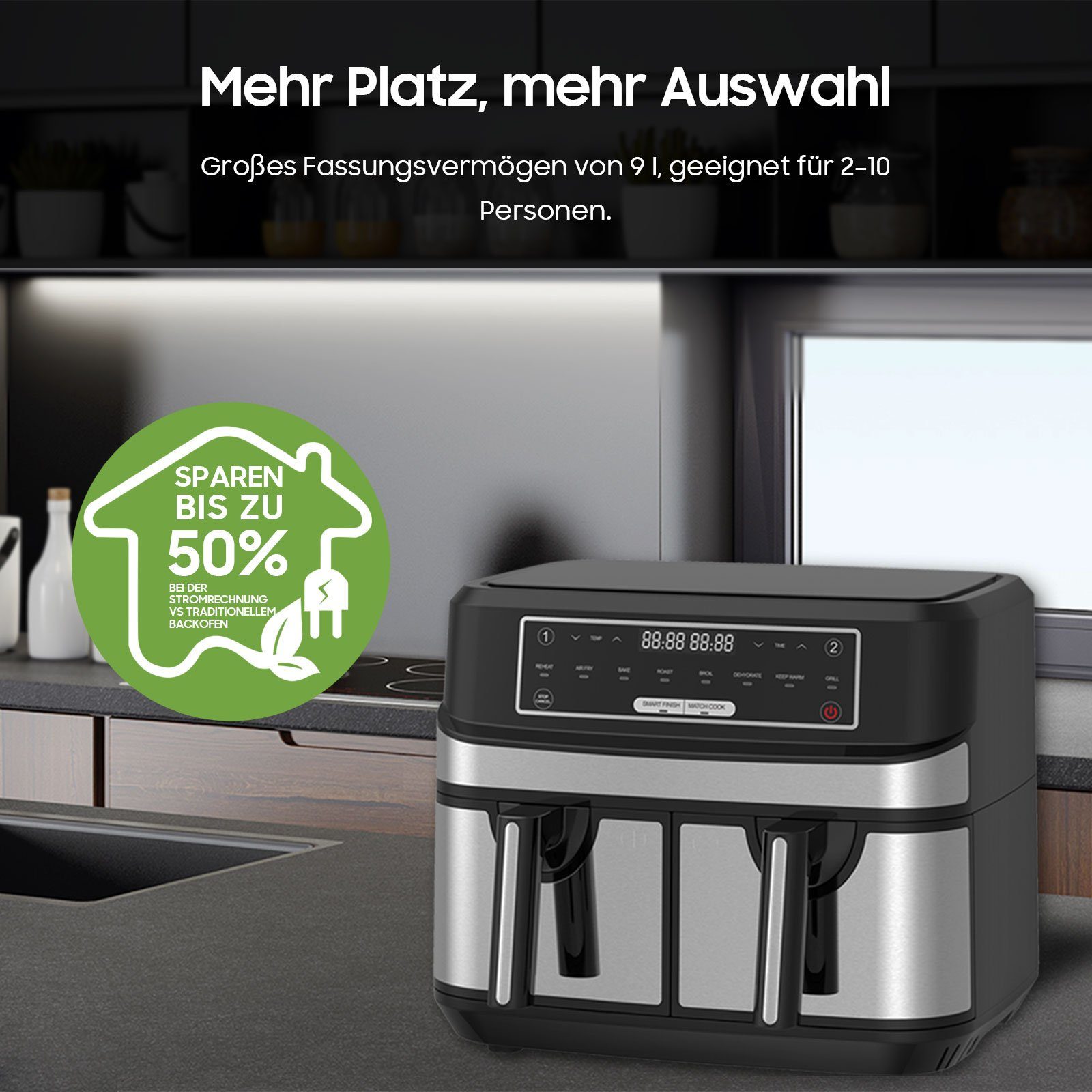 Senmudi Heißluftfritteuse Airfryer mit 2 Körben, Heißluftfritteuse ohne Öl 10 L, 8 Programmen, 2600,00 W, ohne Öl, XXL Friteuse Heissluft Fritteusen Air Fryer, 5L+5L
