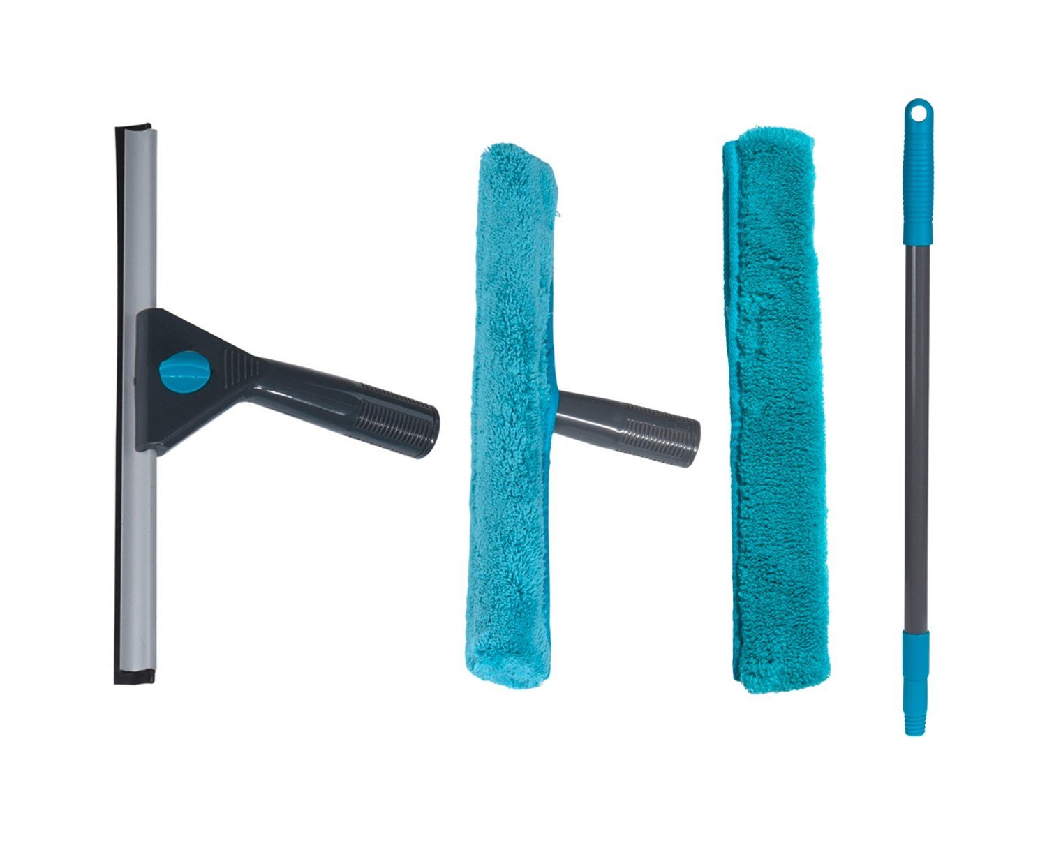 Fensterreiniger NIMRO, 4-teiliges Set, Blau, Kunststoff, Mikrofaserbezüge, ausziehbare Teleskopstange