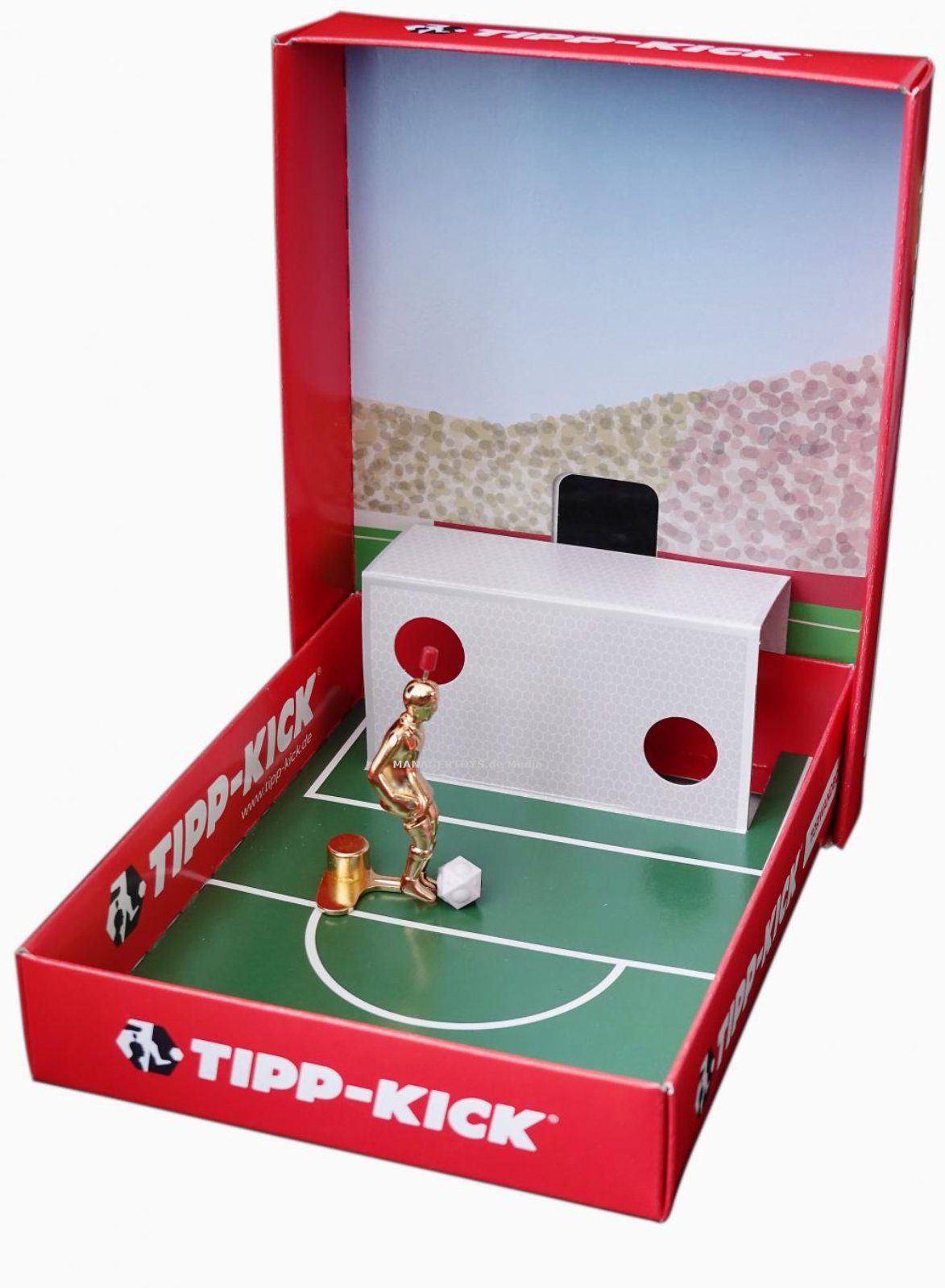 Tipp-Kick Tischfußballspiel Kicker Torwandbox GOLD Figur Spieler Tip Kick mit rundem Fuss mit Ball