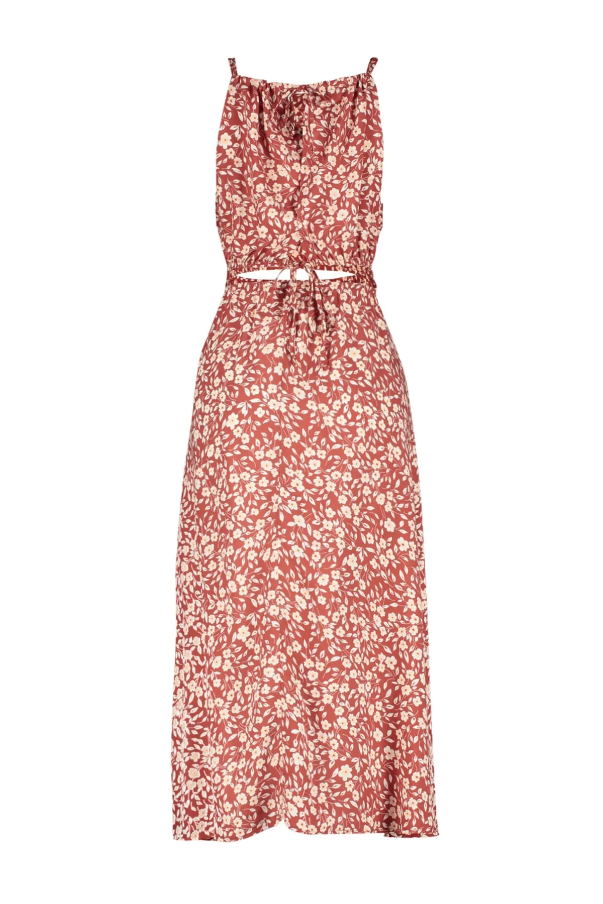 Trendyol Collection  Rotes, gerade geschnittenes, gewebtes Midi-Kleid mit Fensterausschnitt und detailliertem Neckholder-Muster TWOSS23EL00416