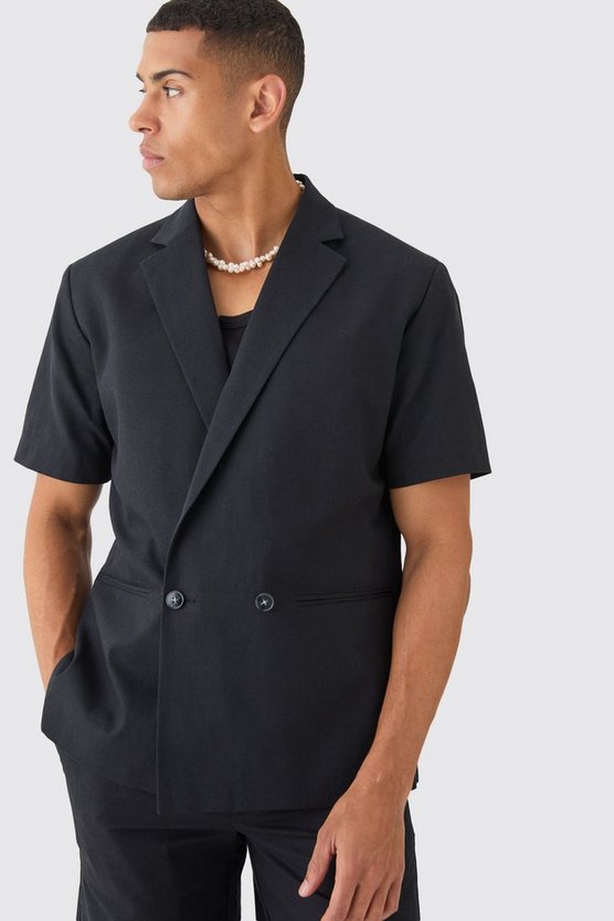 Zweireihiger Mix & Match kurzärmliger Blazer aus Leinenmischung