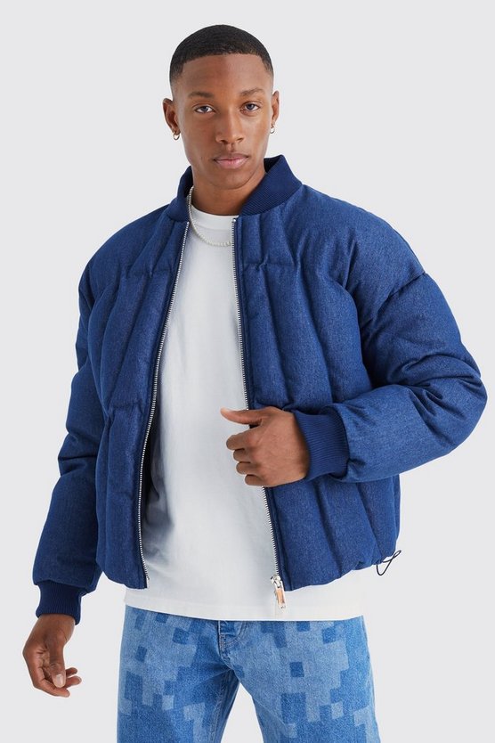 Kastige Denim-Steppjacke mit Bomber-Kragen