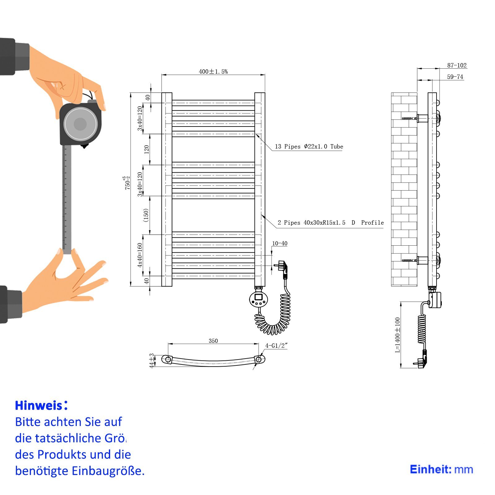 EMKE Elektrischer Badheizkörper Gebogen Badheizkörper Elektrisch mit Thermostat, Handtuchtrockner mit Heizstab,246-292W,Weiß/Anthrazit
