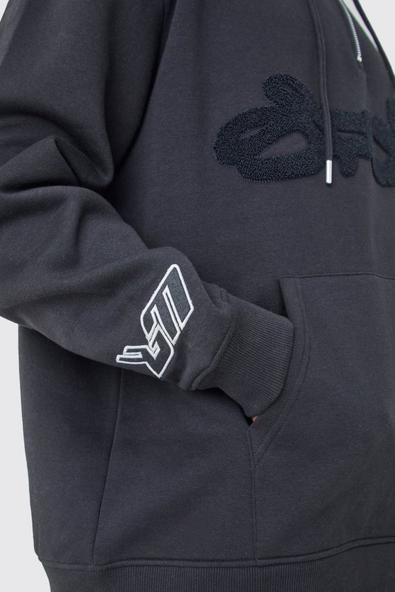 Oversize Hoodie mit Frottee-Applikation und 1/4 Reißverschluss