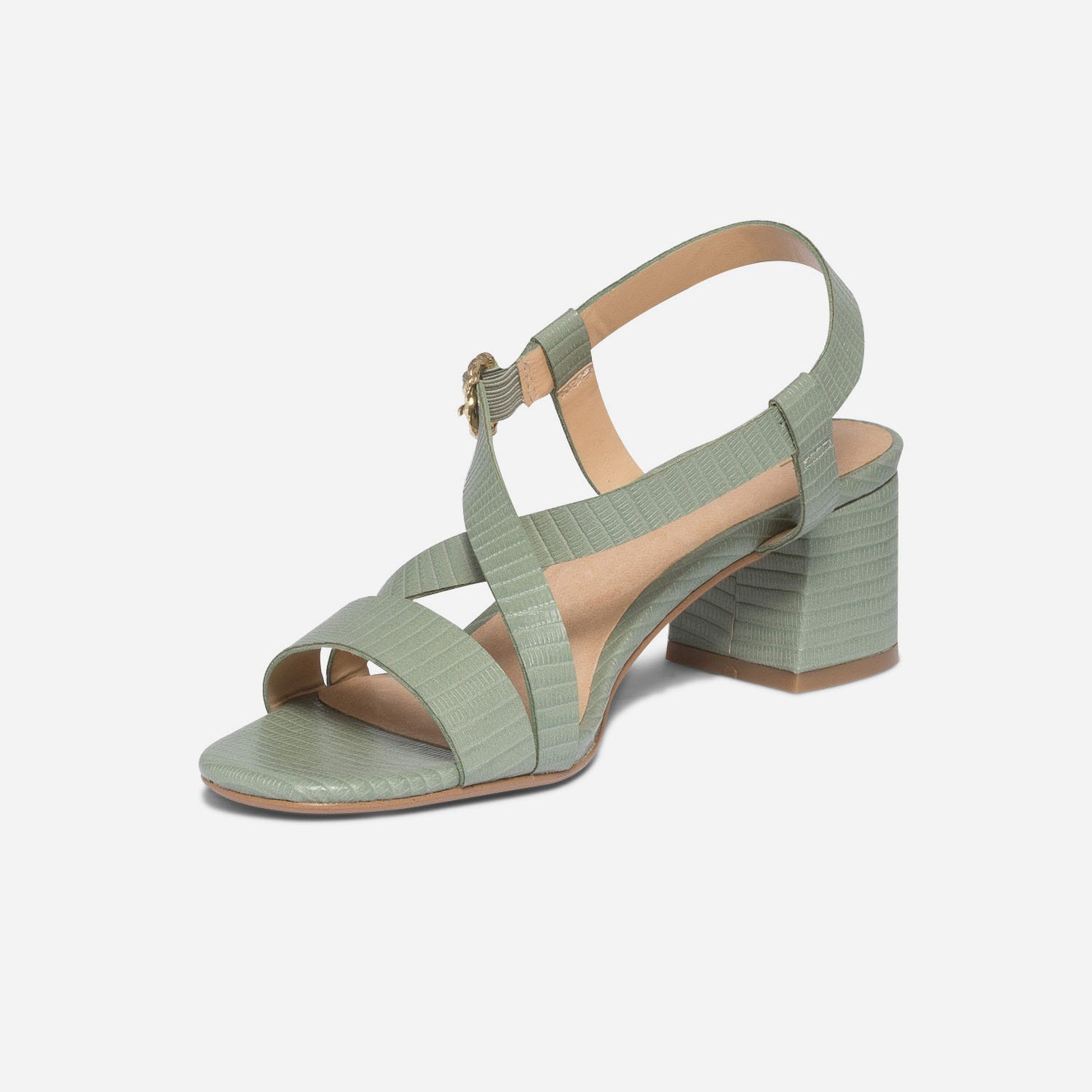 Sandale à talon vert sauge en cuir embossé effet python