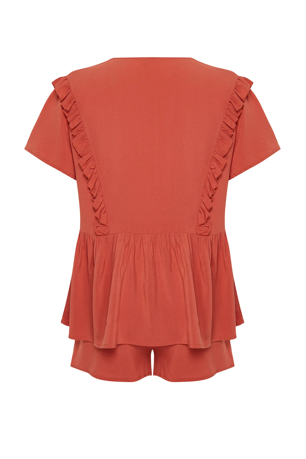 Trendyol Collection  Pyjama-Set aus gewebter Viskose mit Zimtrüschen und Details THMSS24PT00055