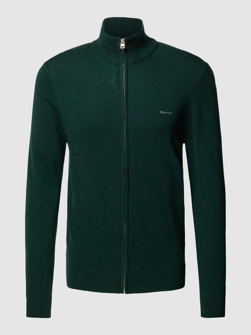 Strickjacke aus Lammwoll-Mix mit Stehkragen und Label-Stitching in dunkelgrün