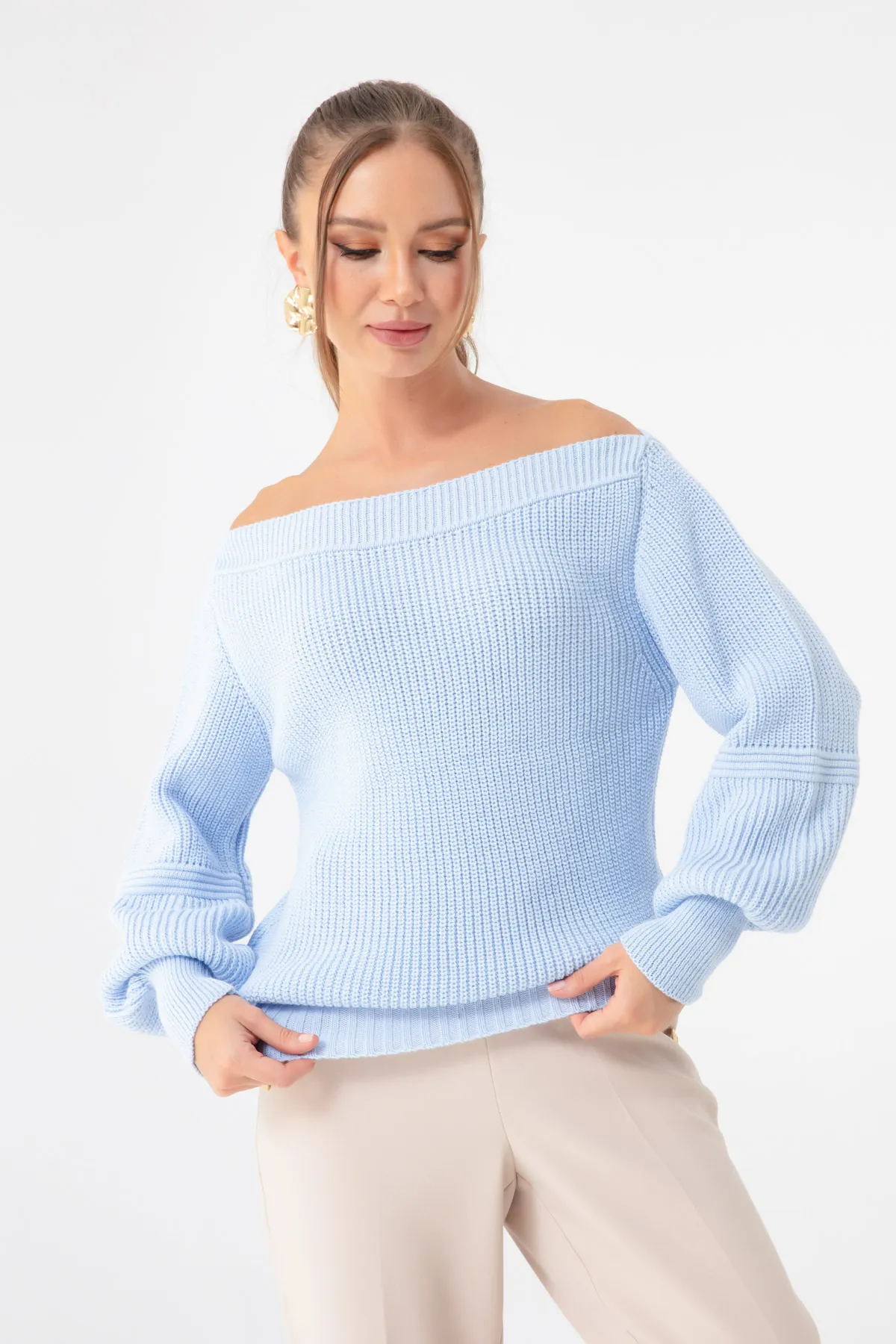 Lafaba  Babyblauer Damenpullover mit U-Boot-Ausschnitt