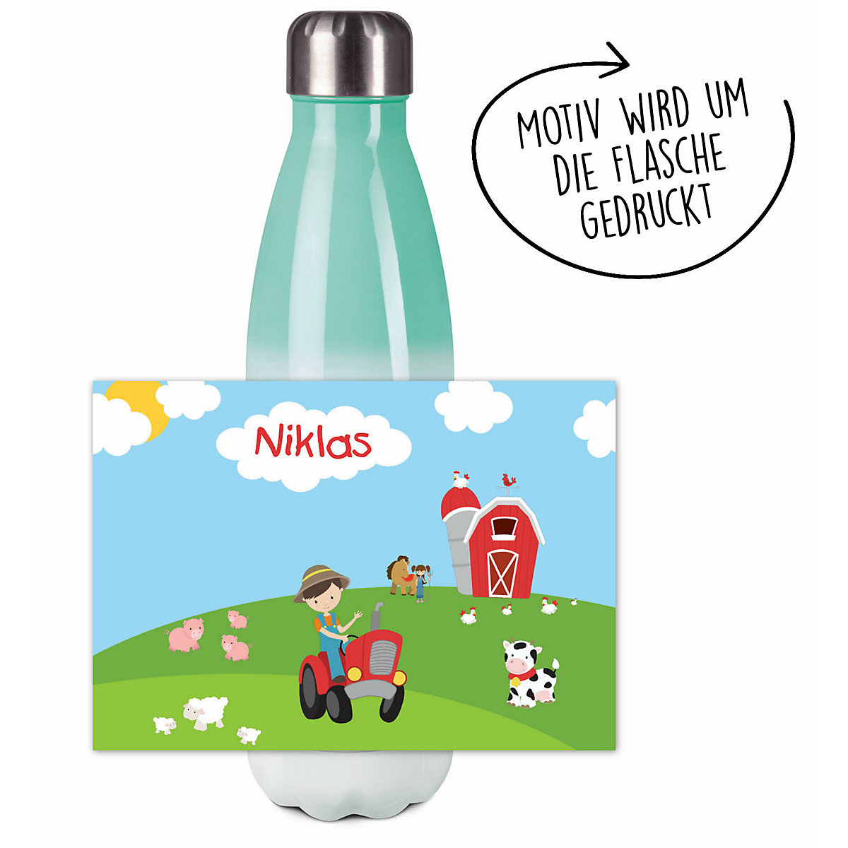Edelstahl Kinder Thermoflasche / Trinkflasche bunt Bauernhof Spülmaschinenfest, Auslaufsicher, Bruchfest, Doppelwandig, Für Heißgetränke geeignet, Mit Deckel, Isoliert