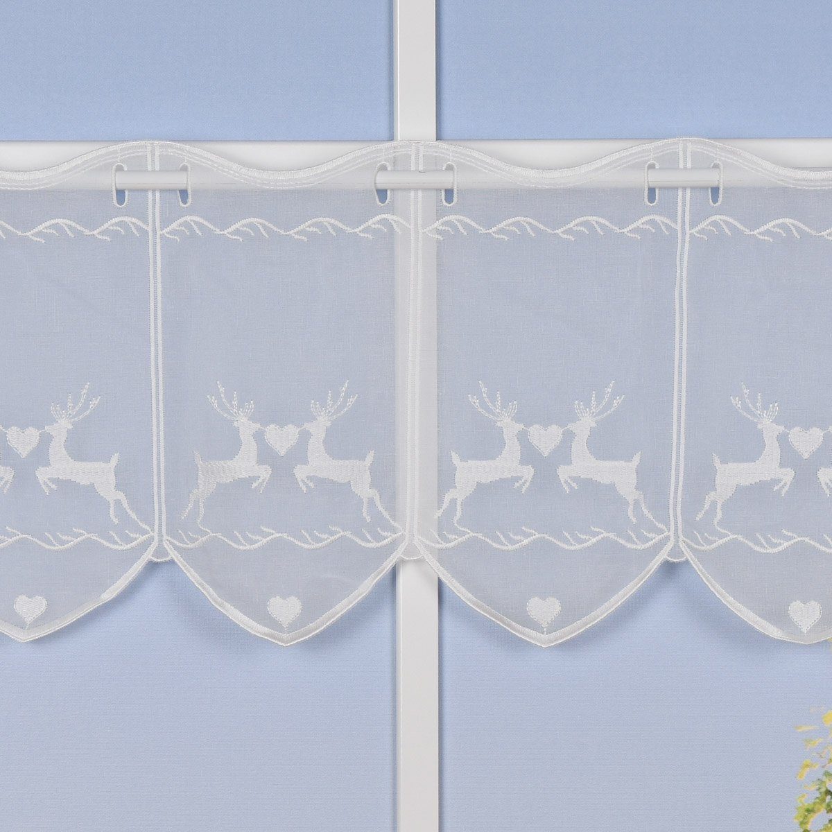 Meterware Stickerei-Scheibengardine transparent und nähfrei Hirschen und Herzen, SCHÖNER LEBEN., halbtransparent, Stickerei/Stickstoff, bestickt