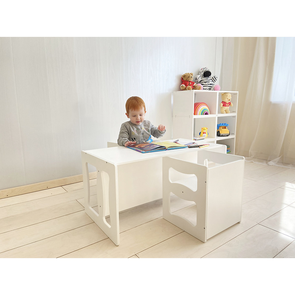 3 in1 multifunktionales Wendemöbel Set, Kindertischgruppe, Kindertisch und Hocker nach Montessori Art, Kindermöbel Sitzbank Kinderstuhl,  Kinderschreibtisch, Wendetisch, Wendestuhl