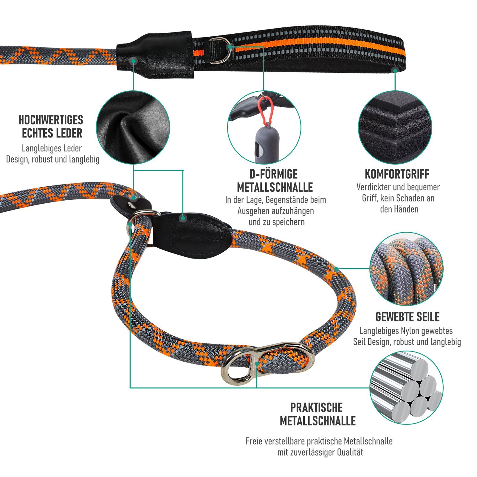 CALIYO Hundeleine Retrieverleine mit Zugstopp,Reflektierende Seilleine 180 cm Hundeleine, Nylon