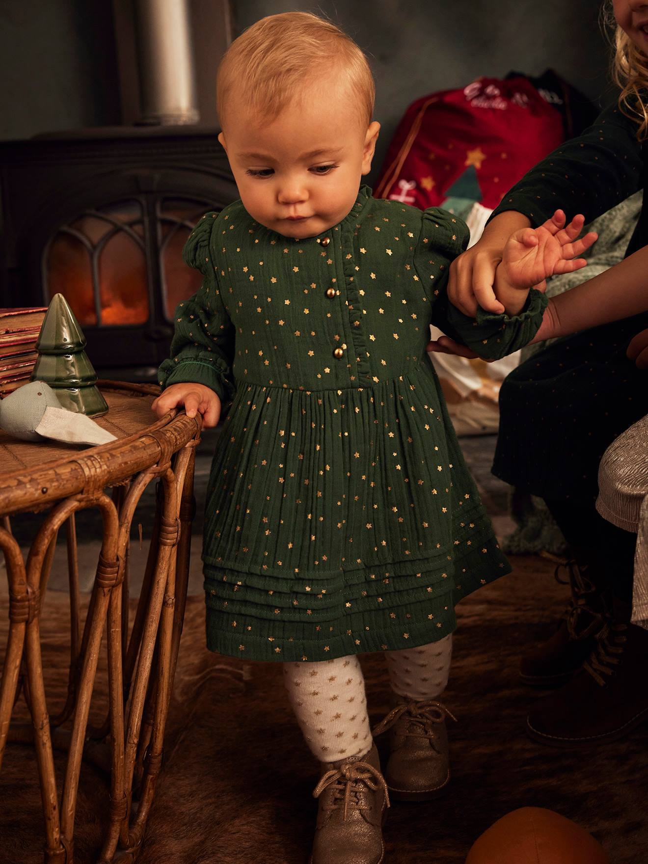 Robe en gaze de coton bébé ouverture décalée rouge foncé imprimé