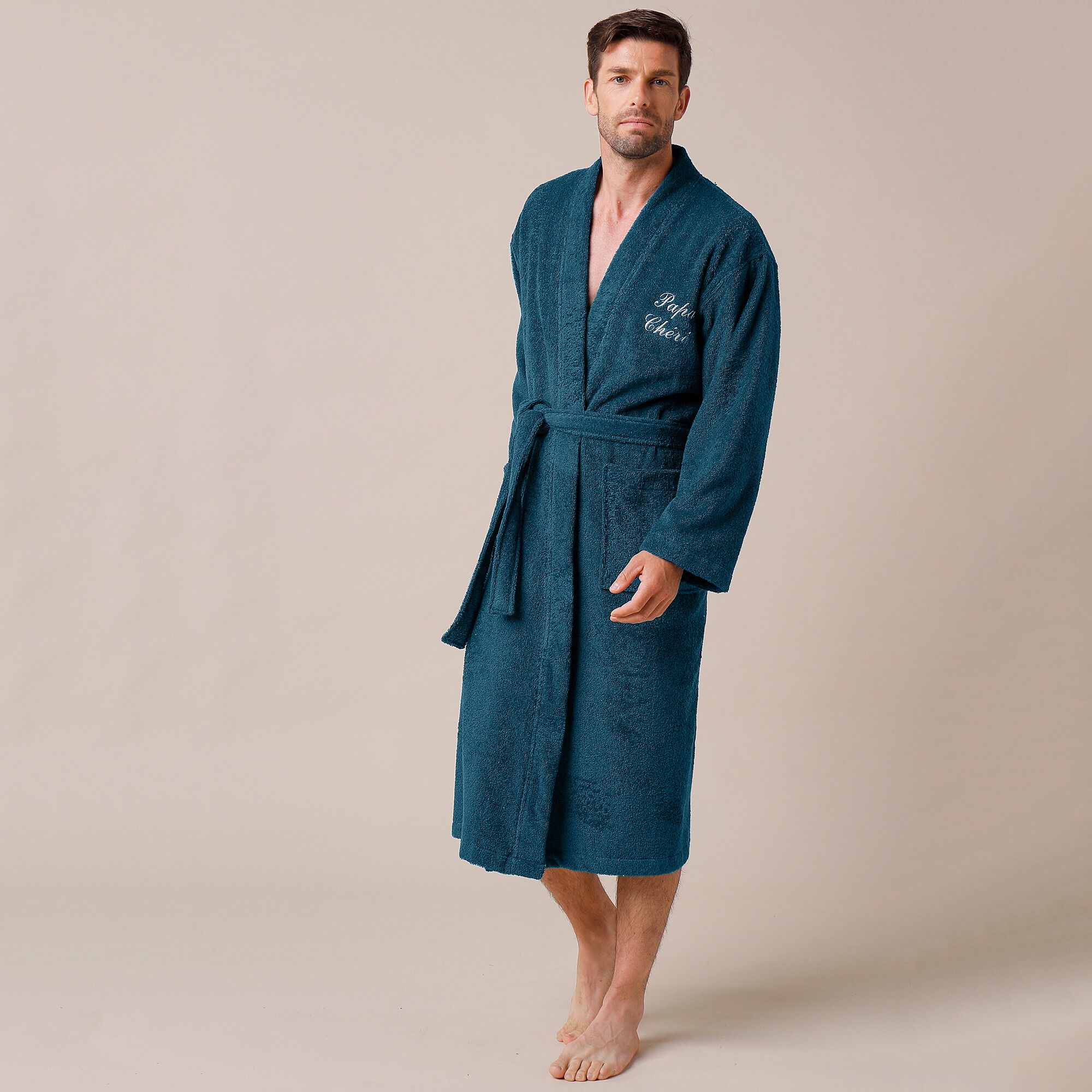 Peignoir mixte adulte uni coton éponge bouclette col kimono personnalisé
