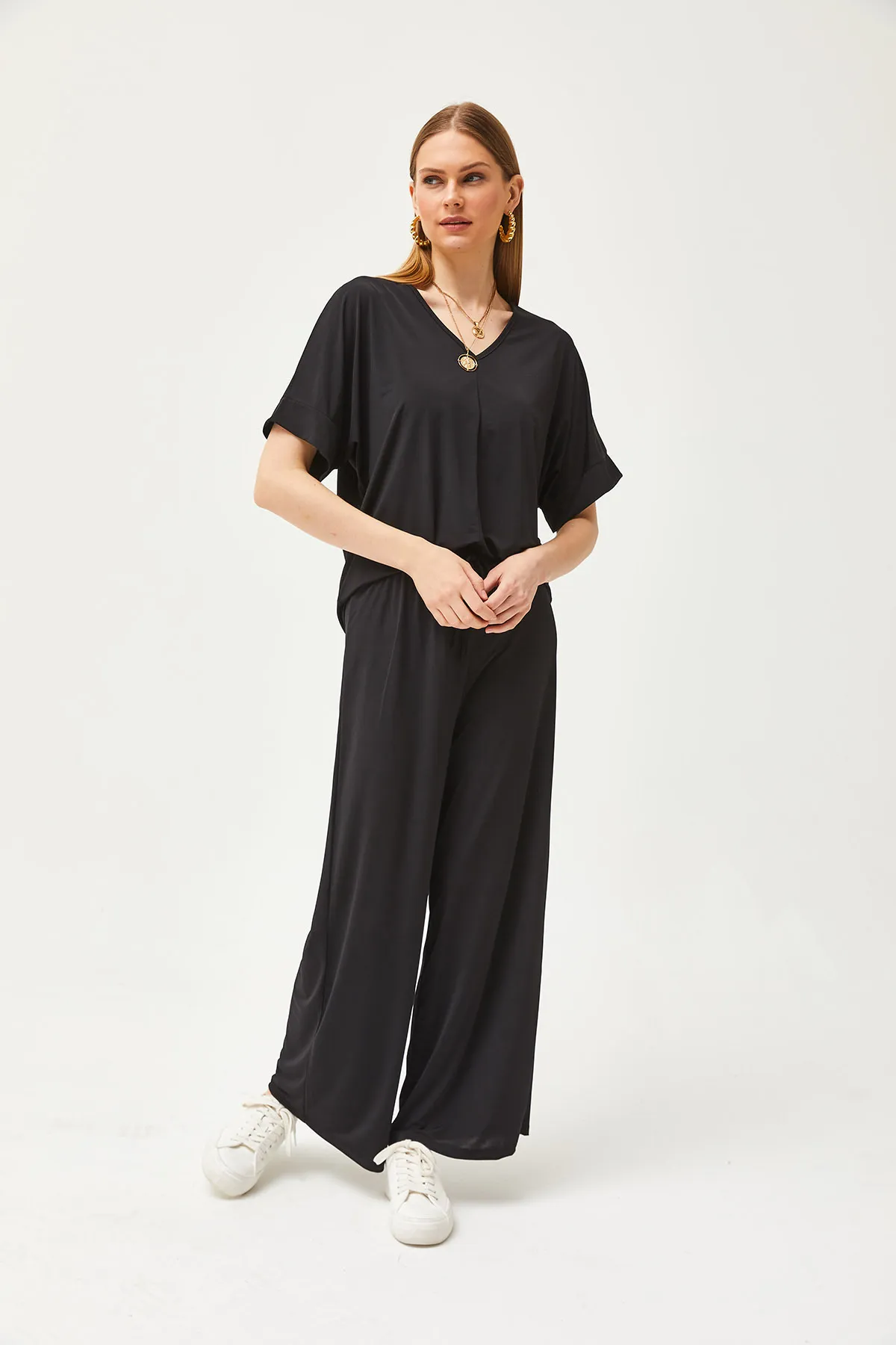 Olalook  Schwarzes Top-Bluse-Unterteil für Damen, locker gestricktes Palazzo-Set TKM-19000267