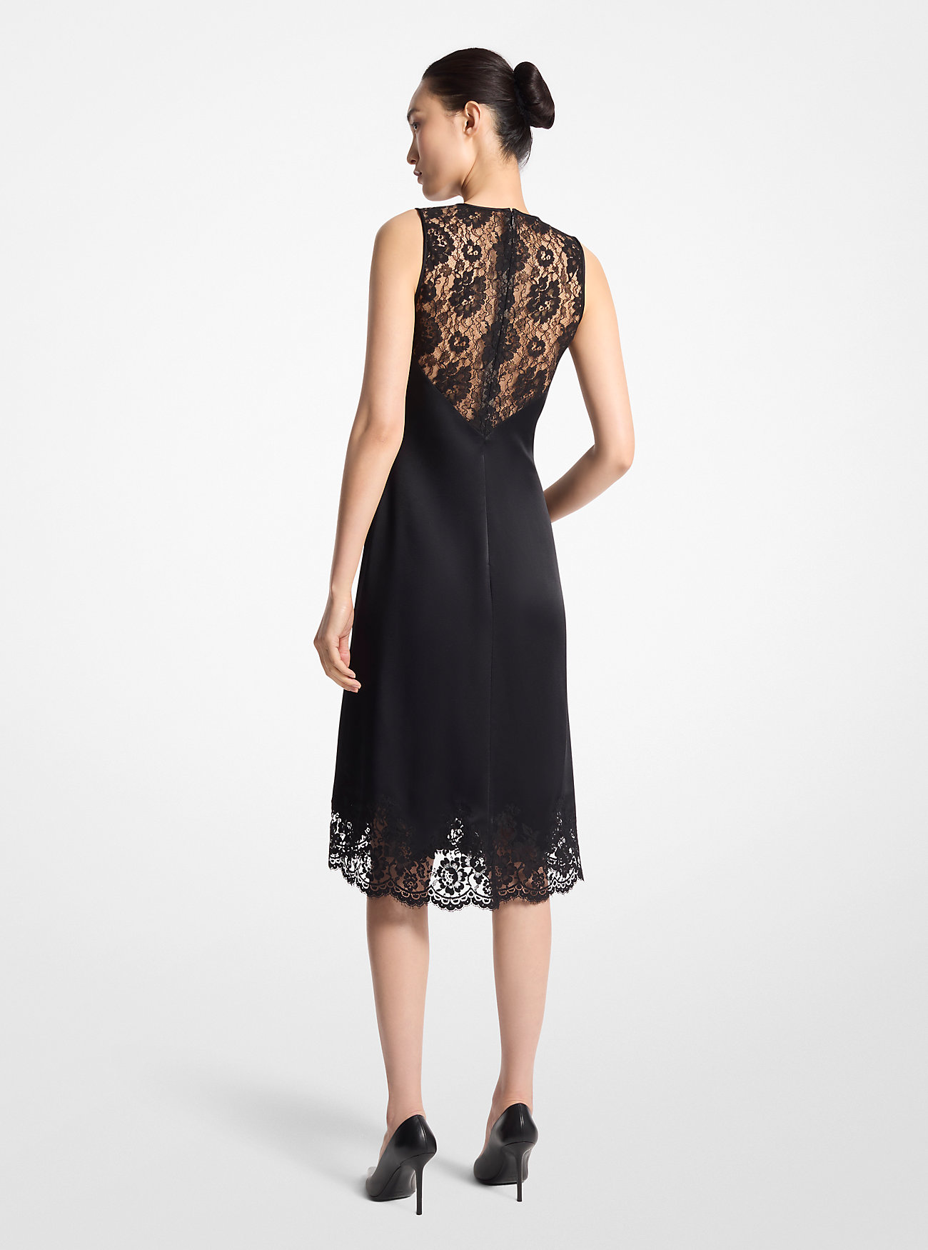 Lace Trim Satin Charmeuse Kjole - SVART