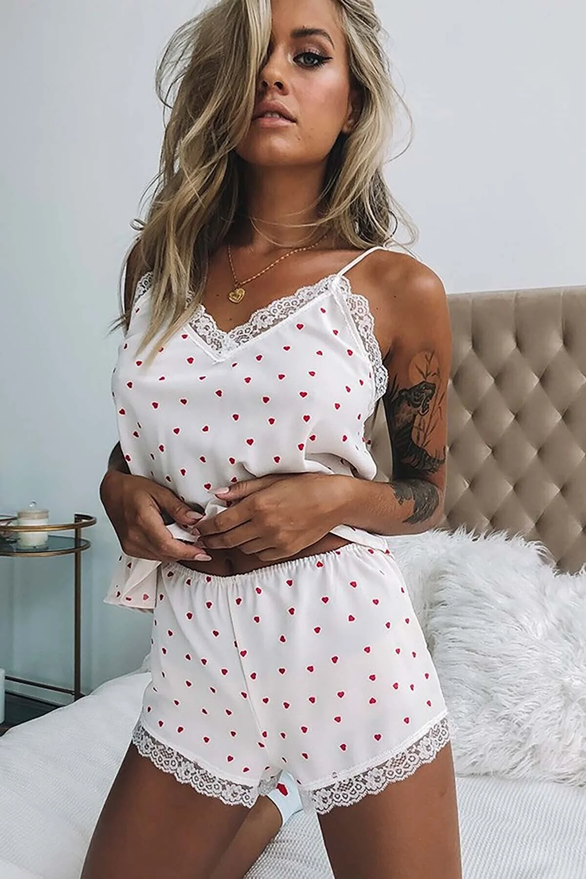 Merry See  Shorts-Pyjama-Set mit Spitze und Herzstickerei