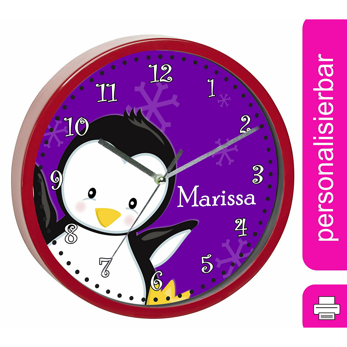 Kinder Wanduhr personalisiert mit Name Pinguin lila