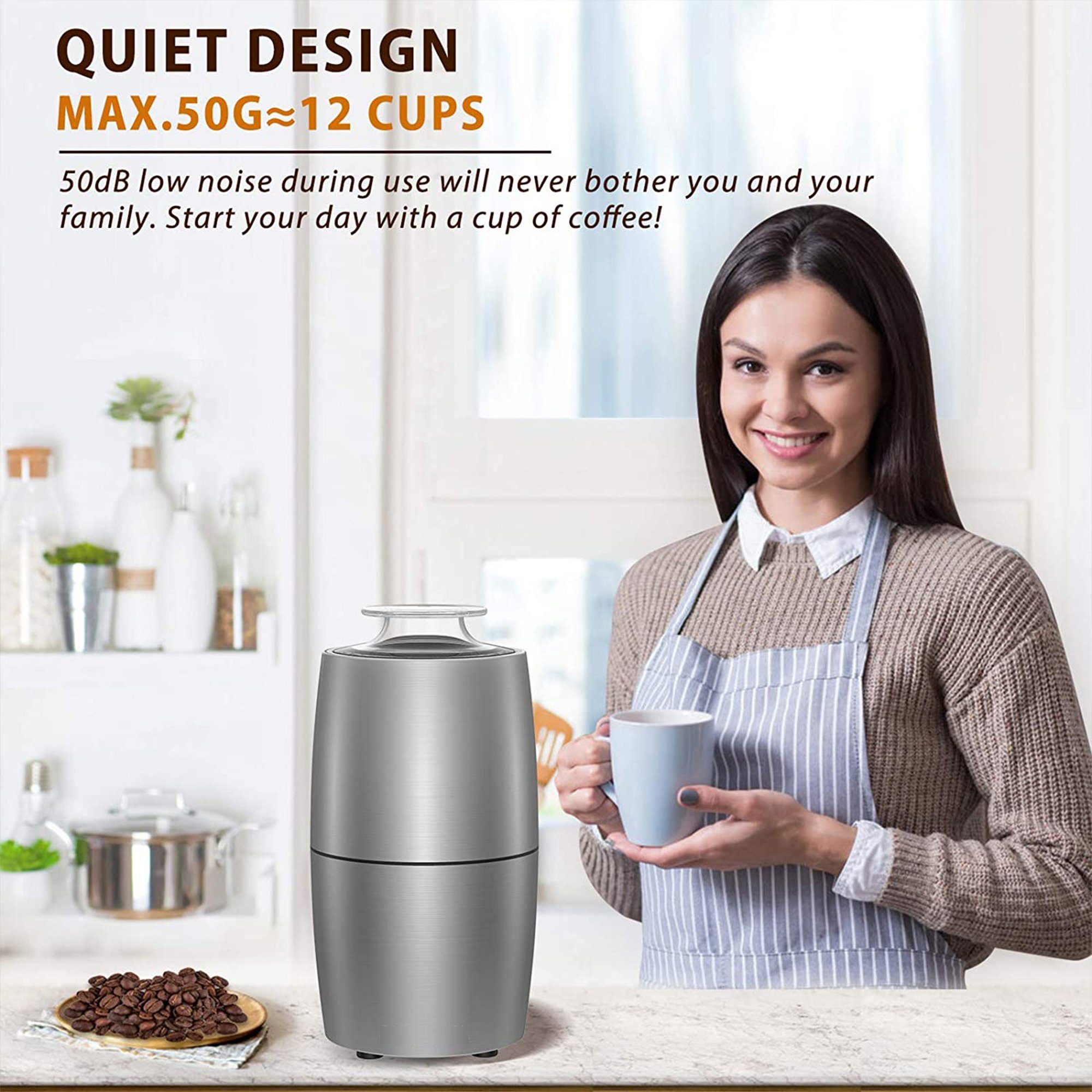 QTIYE Kaffeemühle,Kaffeemühle Elektrisch,200 W,Gewürz Mühle,mit 304 Edelstahlmesser, 50g Fassungsvermögen,Geeignet für Kaffee, Nüsse, Gewürze