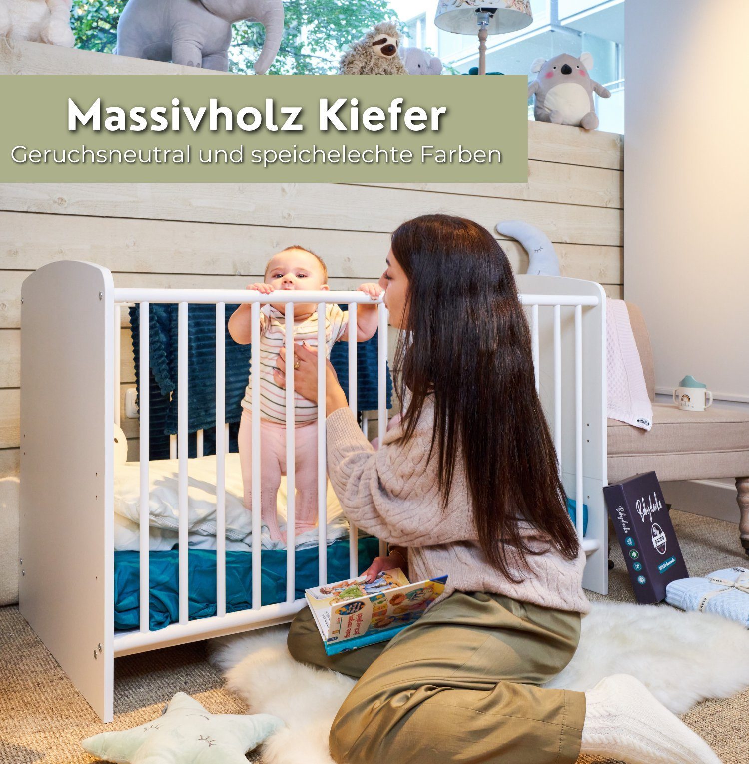 Alavya Home® Babybett STORM I Kinderbett Umbaubares Gitterbett höhenverstellbar, Babybett 60x120 cm inkl. Lattenrost mit herausnehmbare Sprossen