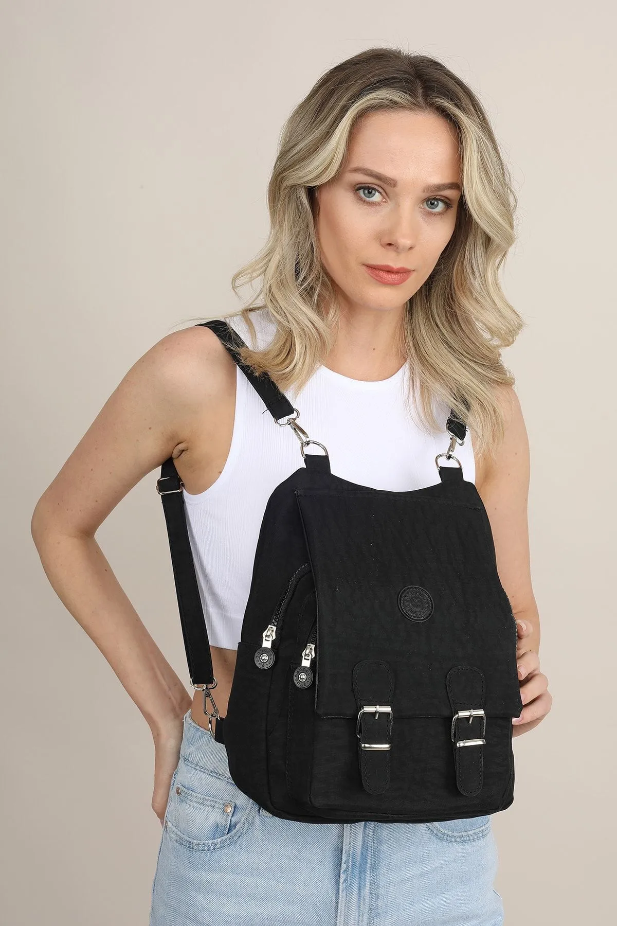 Madamra  Schwarze Schulhandtasche und Rucksack aus Crinkle-Stoff für Damen