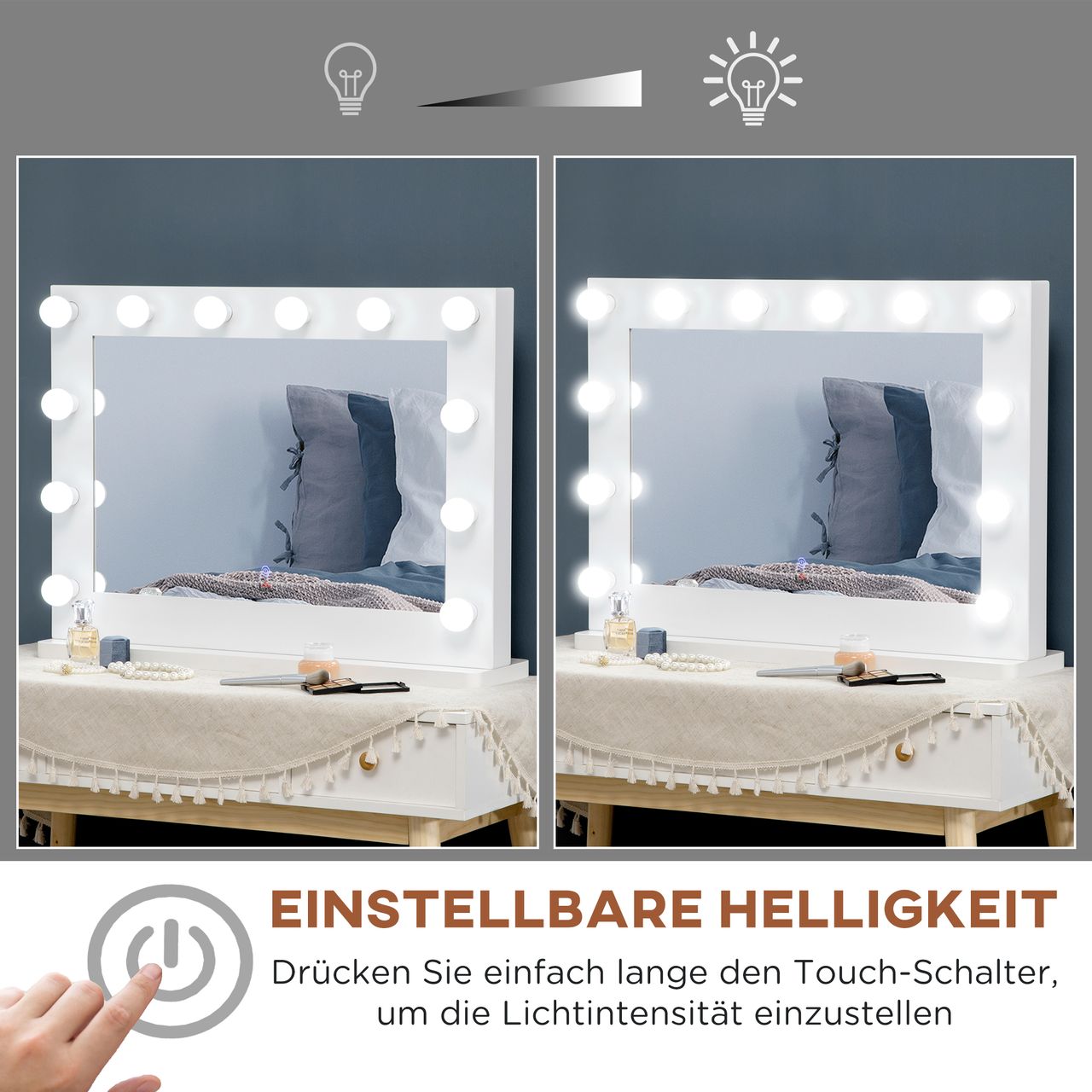HOMCOM Hollywood Spiegel 80 x 60 cm Schminkspiegel mit LED-Beleuchtung Weiß
