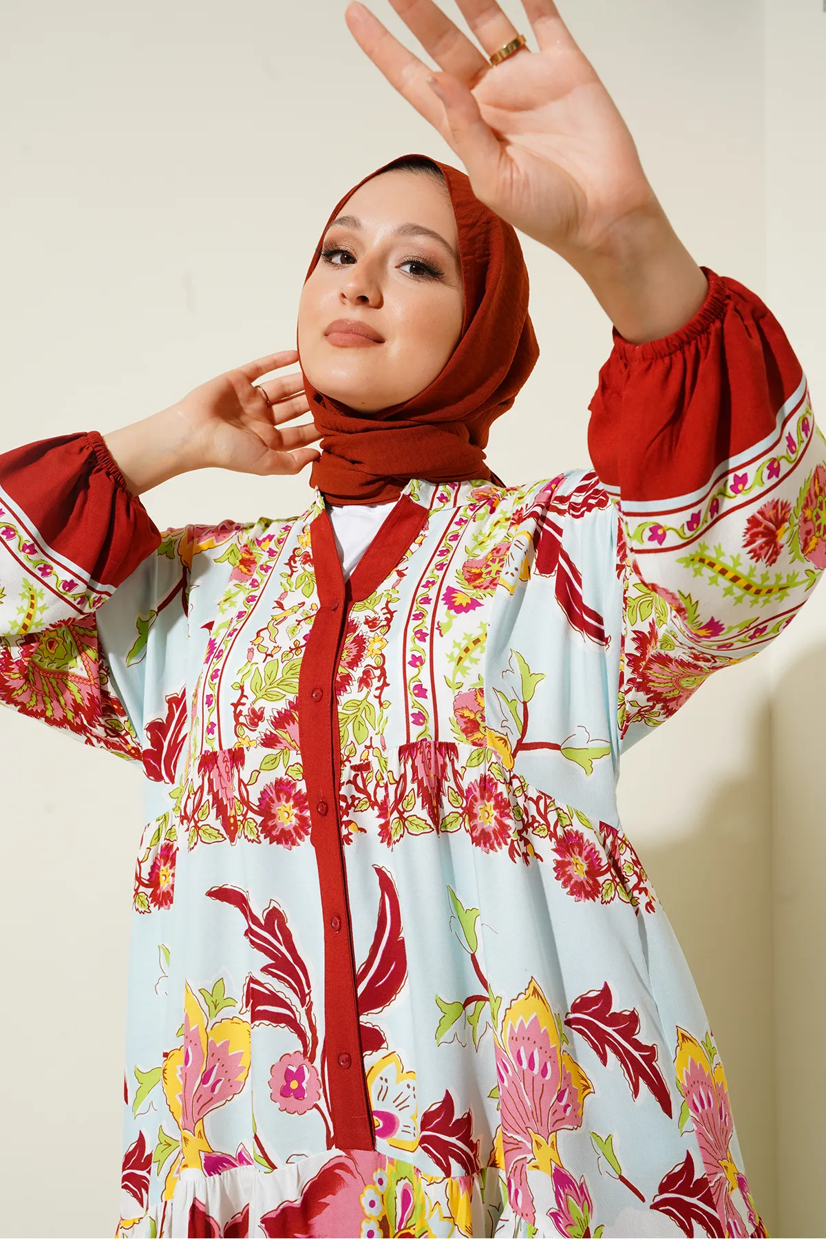 Bigdart  2423 Authentisches gemustertes Hijab-Kleid – D. Claret Red