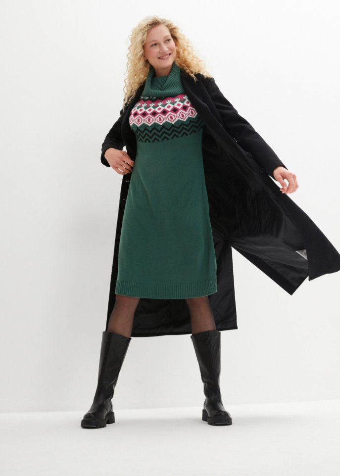Strickkleid mit Norwegermuster und weitem Rollkragen, kniebedeckend