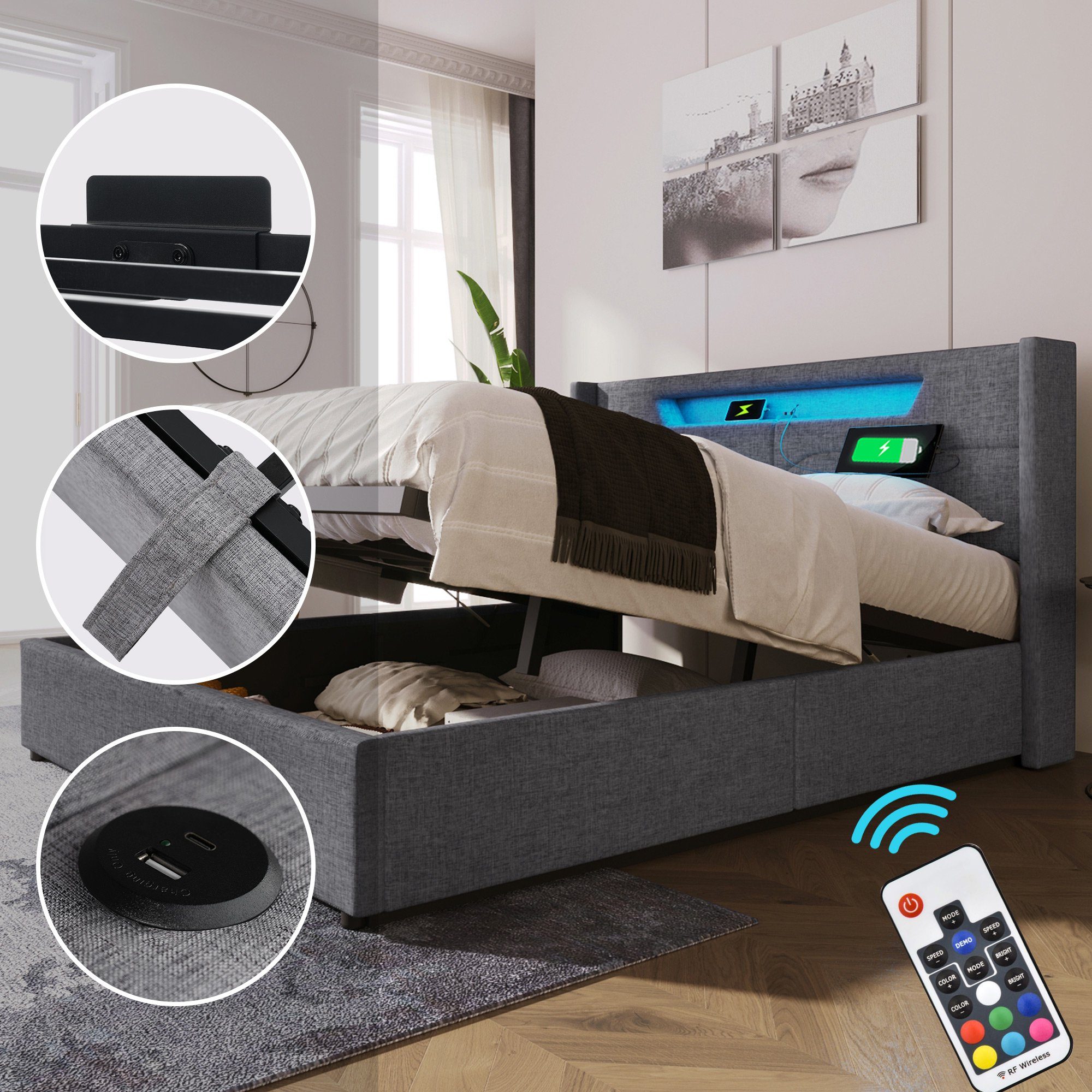 REDOM Polsterbett LED Doppelbett mit USB Typ C Ladefunktion, 140 x 200 cm, ohne-Matratze