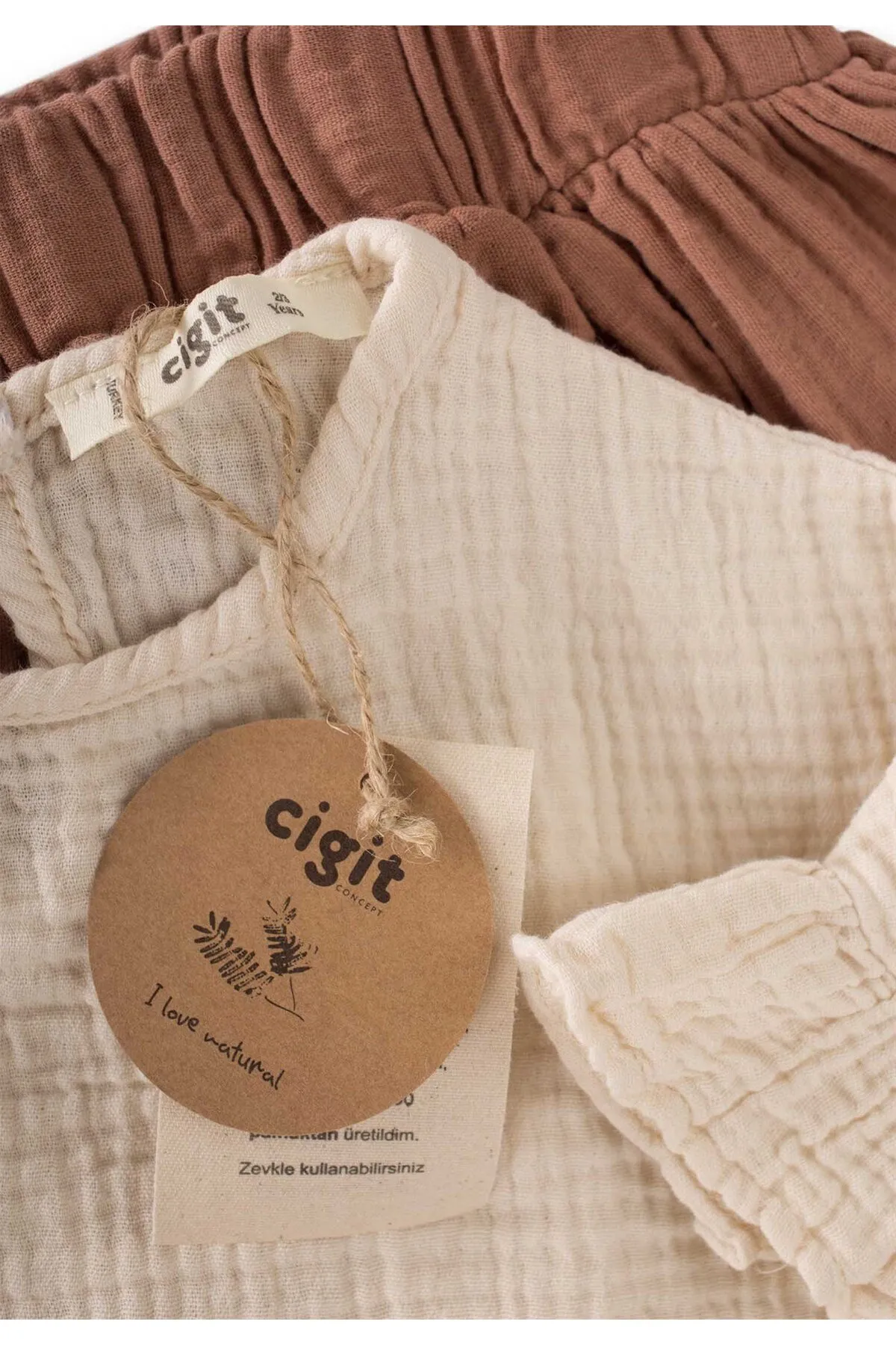 Cigit  Set mit übergroßer böhmischer Bluse und langem Rock aus Bio-Musselin, 2–8 Jahre, Creme