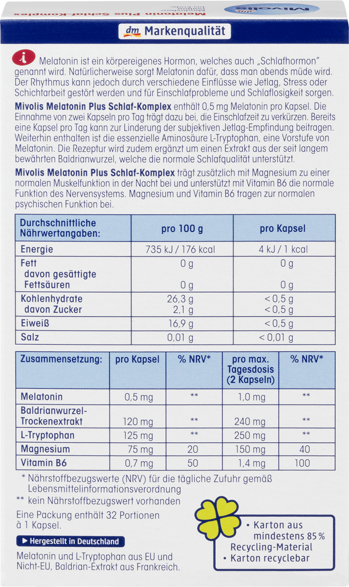 Melatonin Plus Schlaf-Komplex 32 Kapseln, 16 g