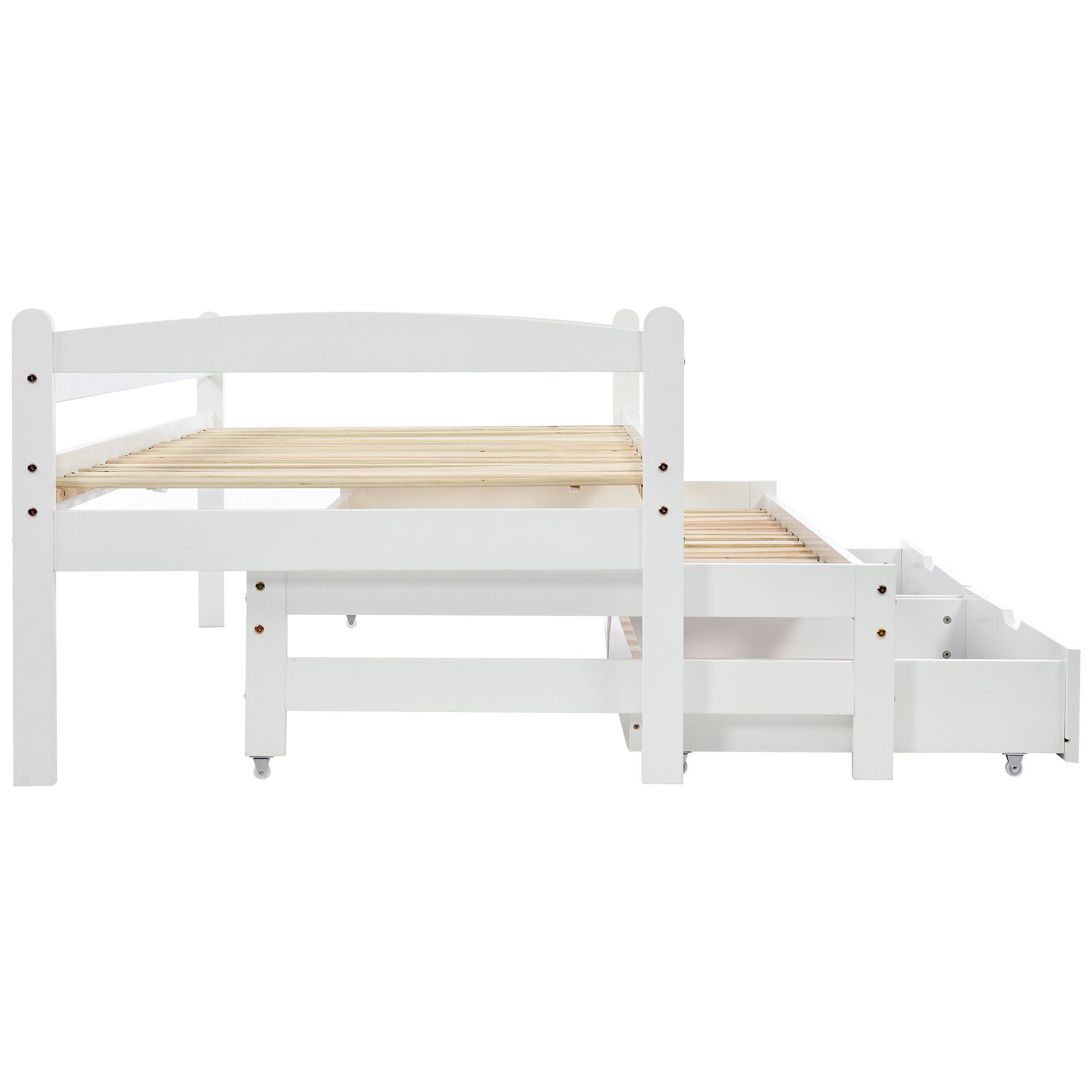 WISHDOR Kinderbett Bett, Tagesbett, Einzel- und Doppelbett, Schiebebett (mit 2 MDF-Schubladen, mit Rollen unten 200x90cm/190x90cm), Ohne Matratze