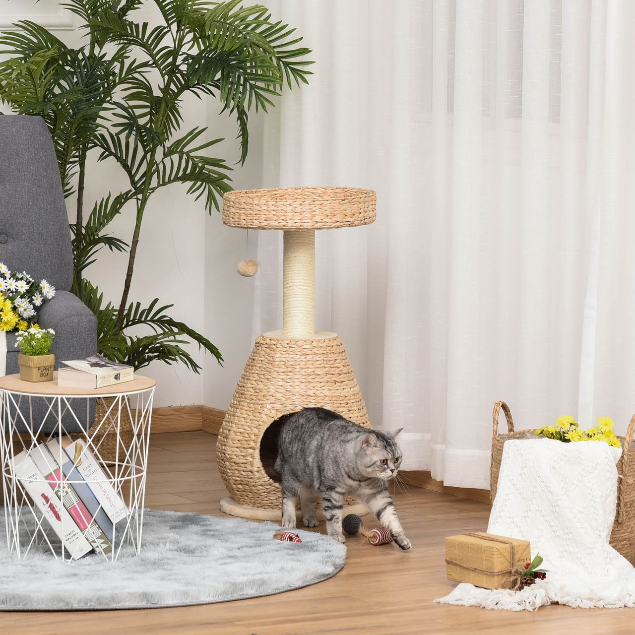 PawHut Katzenbaum Kratzbaum Kätzchen Möbel mit Katzenhöhle Ballspielzeug Sisal weiche Plüsch Höhe 82,5 cm Gelb