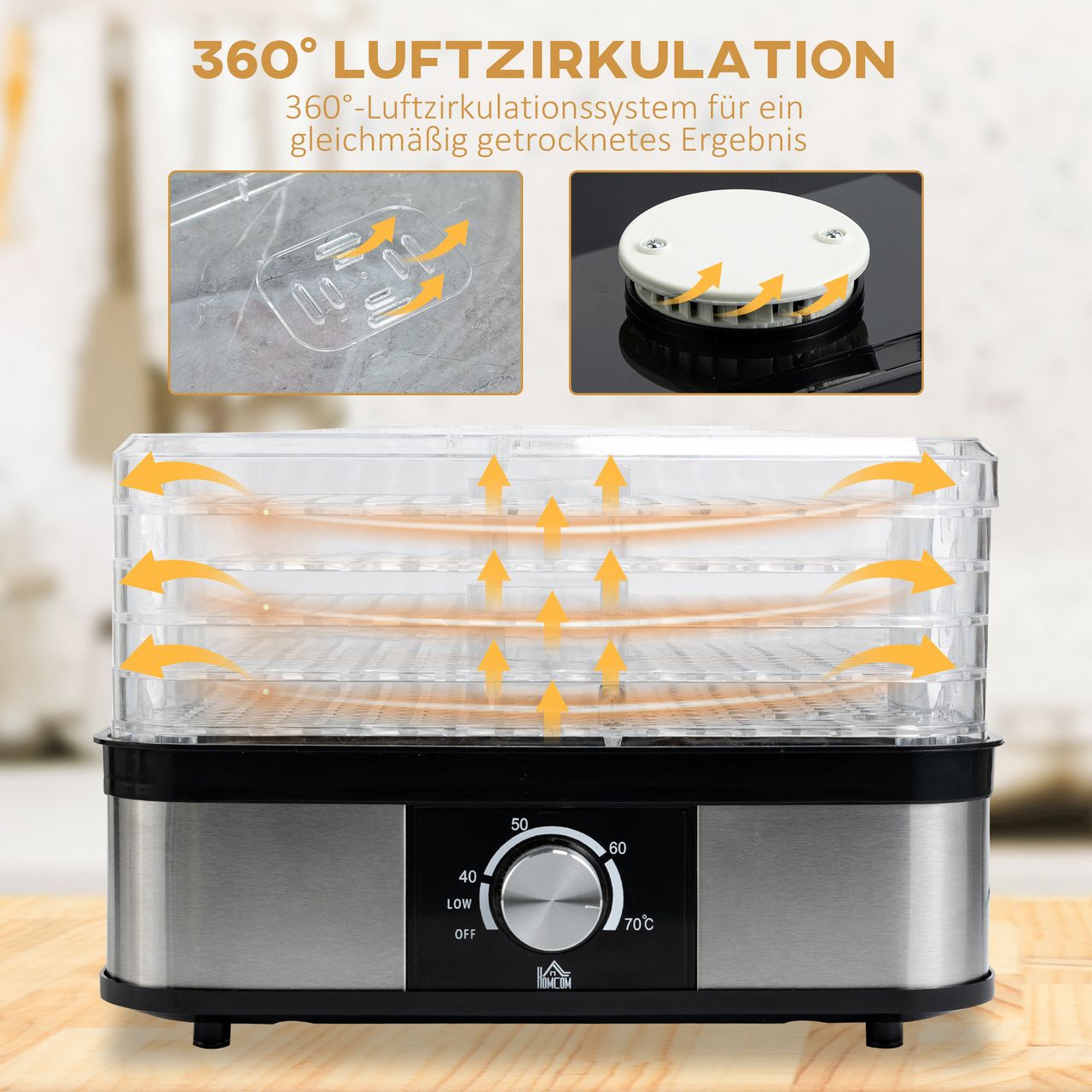 HOMCOM Dörrautomat Dörrgerät mit 5 Einlegefächer, 35-70°C, Obsttrockner Dehydrator für Fleisch Obst Haustier-Leckereien Edelstahl Silber Transparent 32 x 25 x 29cm