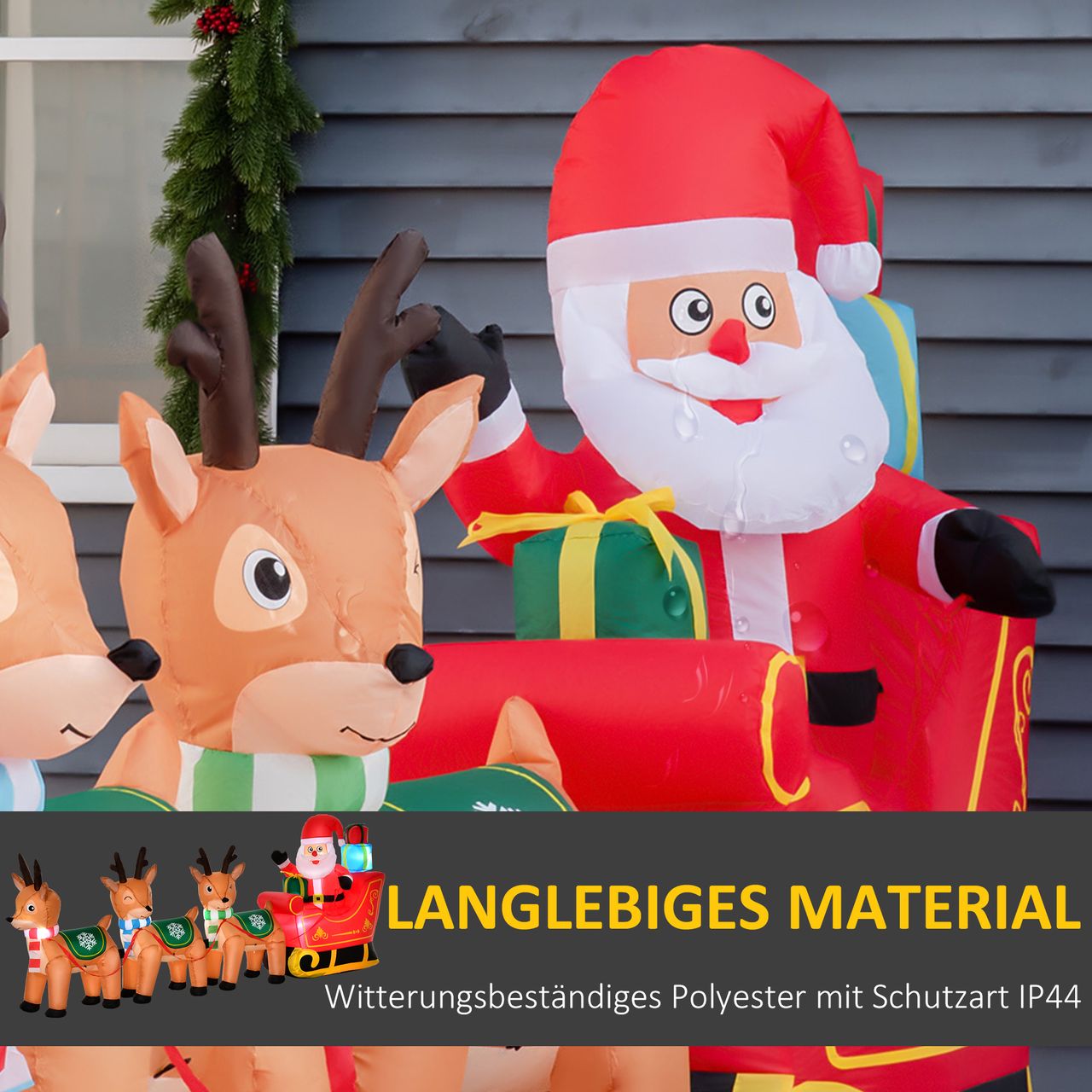 HOMCOM Aufblasbarer Weihnachtsmann auf Schlitten mit 3 Hirschen 1,3 m Weihnachtsdekoration mit Lichtern Weihnachten Gärten Dekoration automatisches Aufblasen wetterfest Polyester 319 x 59 x 132 cm