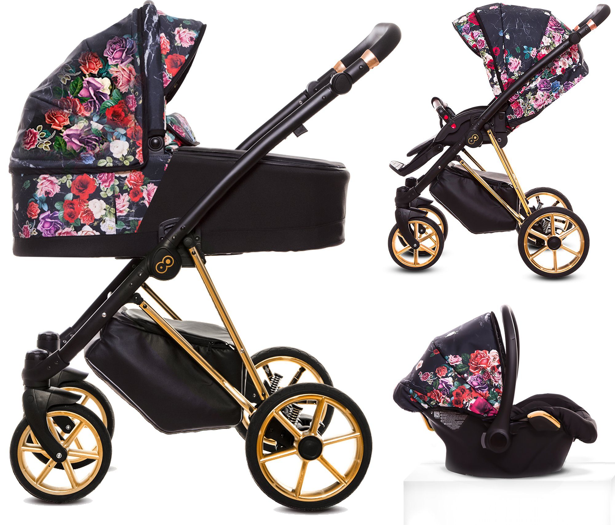 TPFLiving Kombi-Kinderwagen 3 in 1 Musse Dark Rose, Baby Buggy Babywanne Autositz Windeltasche, Moskitonetz Regenschutz Kinderwagen Komplettset Gestell Gold