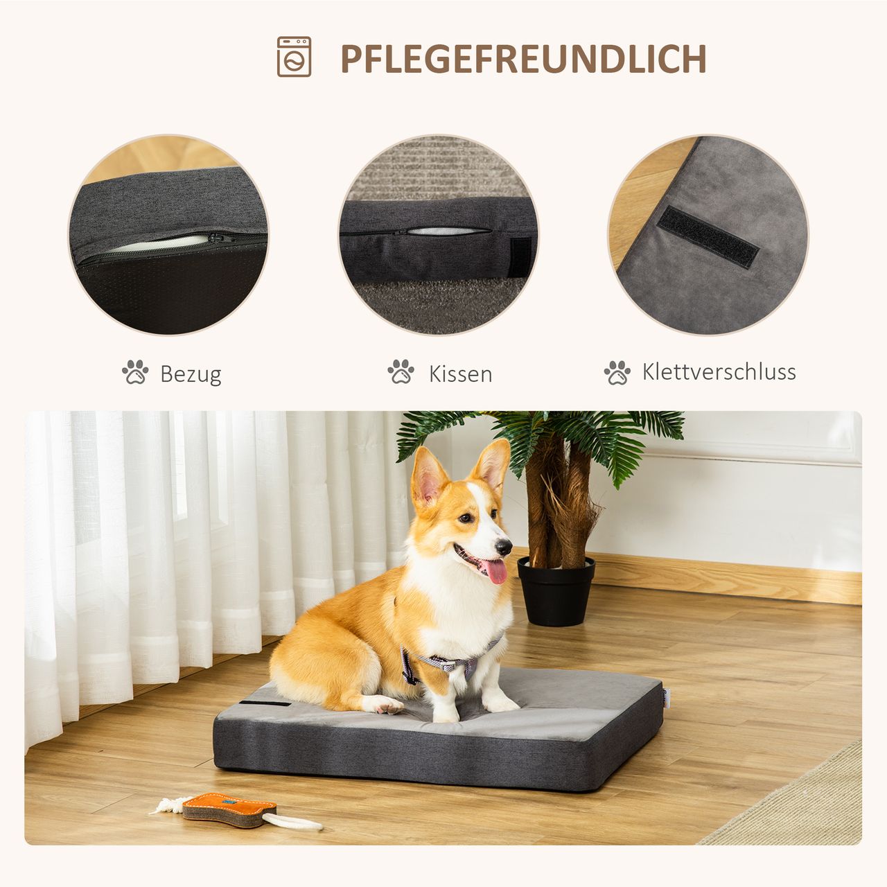 PawHut Haustierbett Tierbett Hundematratze Hundematte Bezug abnehmbar waschbar für kleine Hunde Katzen leinenartiges Polyester samtartiges Polyester PP-Baumwolle Grau75 x 55 x 20 cm