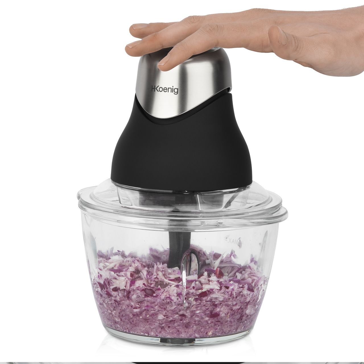 H.Koenig Mini elektrischer Fleischwolf Mattschwarz Chrom LEO8 Widerstandsfähige Schüssel Graduierte Glasschüssel 1L Edelstahlklingen, Einfach zu verwenden, Gemüse Zwiebel Salat Pesto Petersilie Nüsse Fleisch Knoblauch, Aufbewahrungsdeckel