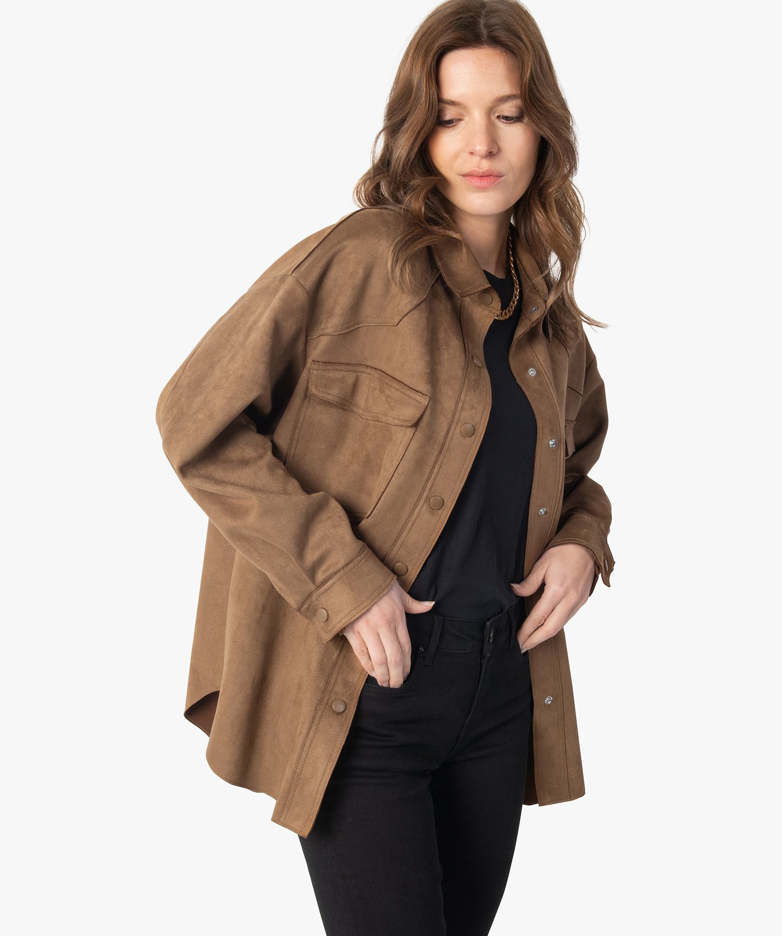 Veste femme forme chemise en suédine camel | GEMO